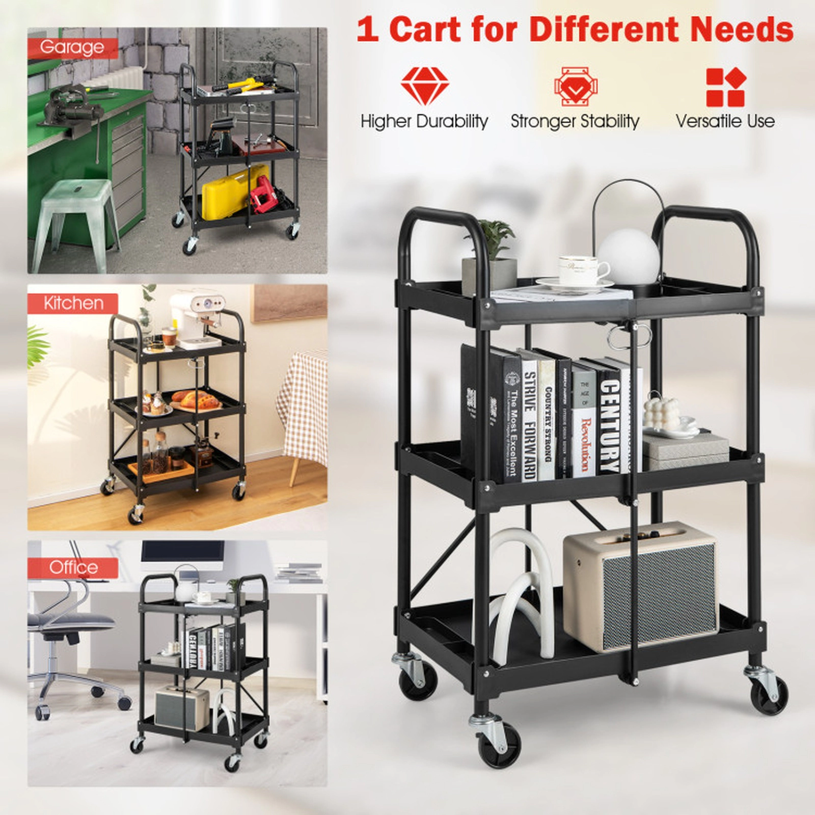 SUGIFT 3-Tier Folding Metal Frame Lockable Wheels Rolling Service Cart 24-in x 16-in x 38.5-in 33-lb per Shelf Black