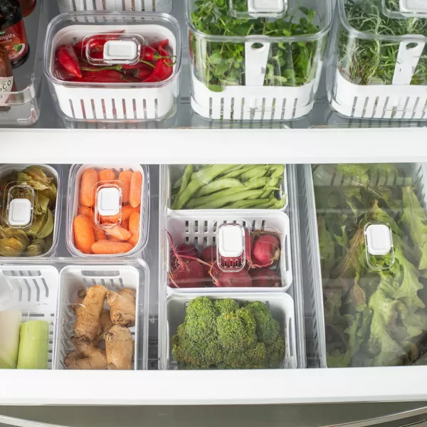 OU Fridge Organizer Bin with Drain Basket and Vented Lid, 5.3qt Clear Stackable Refrigerator Storage Container, BPA Free