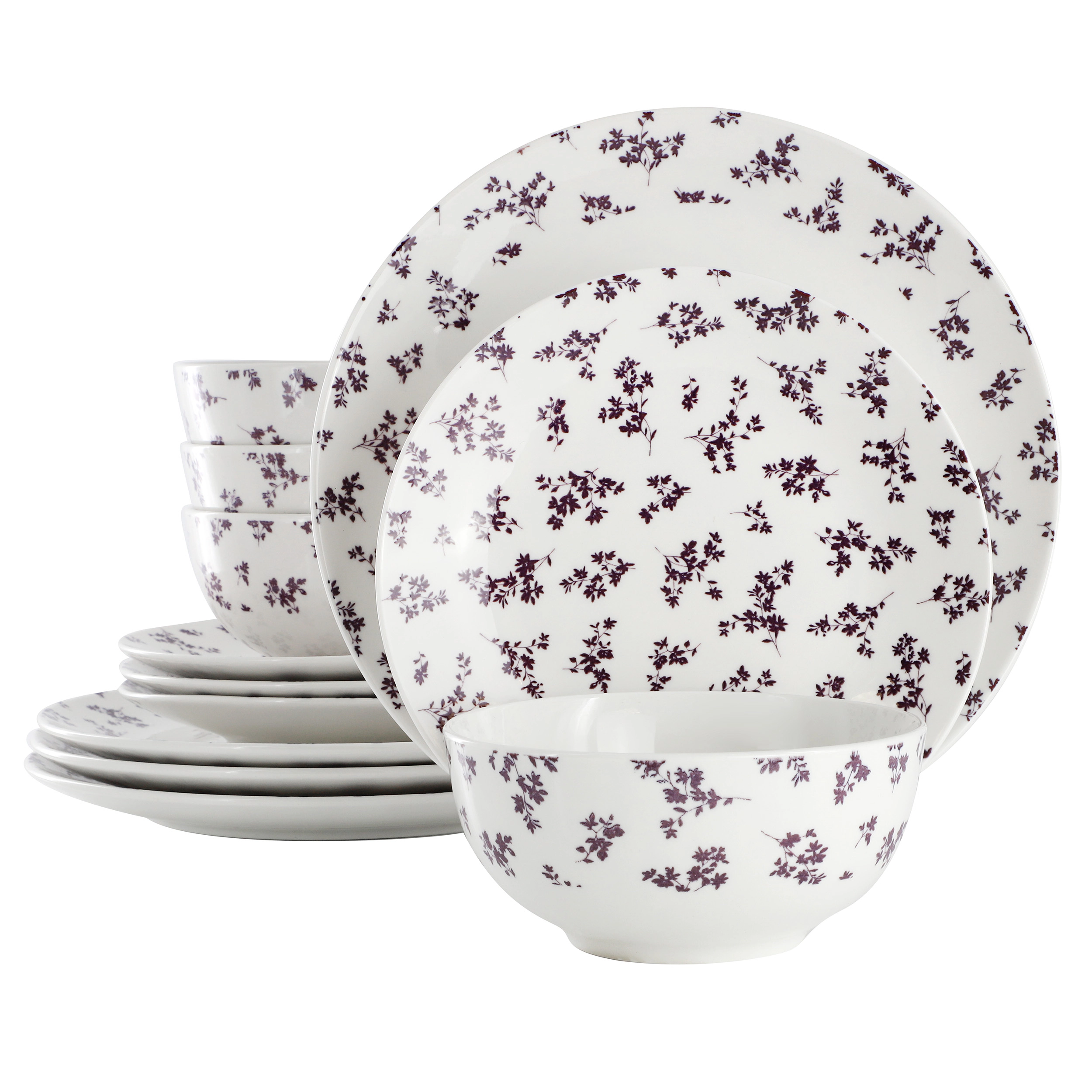 Gibson Home Mountain Thistle Fine Ceramic 12 Piece Dinnerware Set in Purple