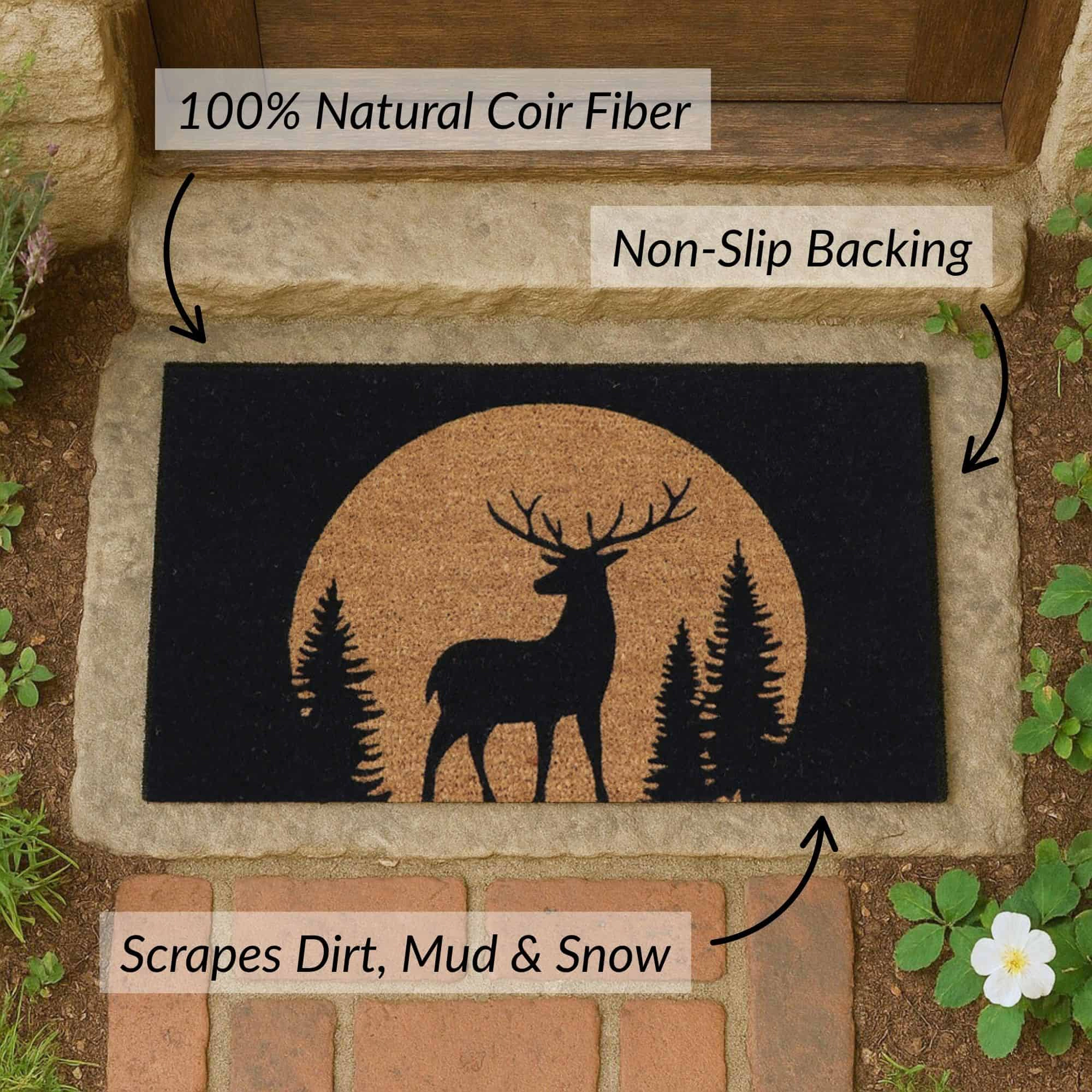Evideco French Home Goods Natural and Black Reindeer Coir Doormat 30 x 18 Inches