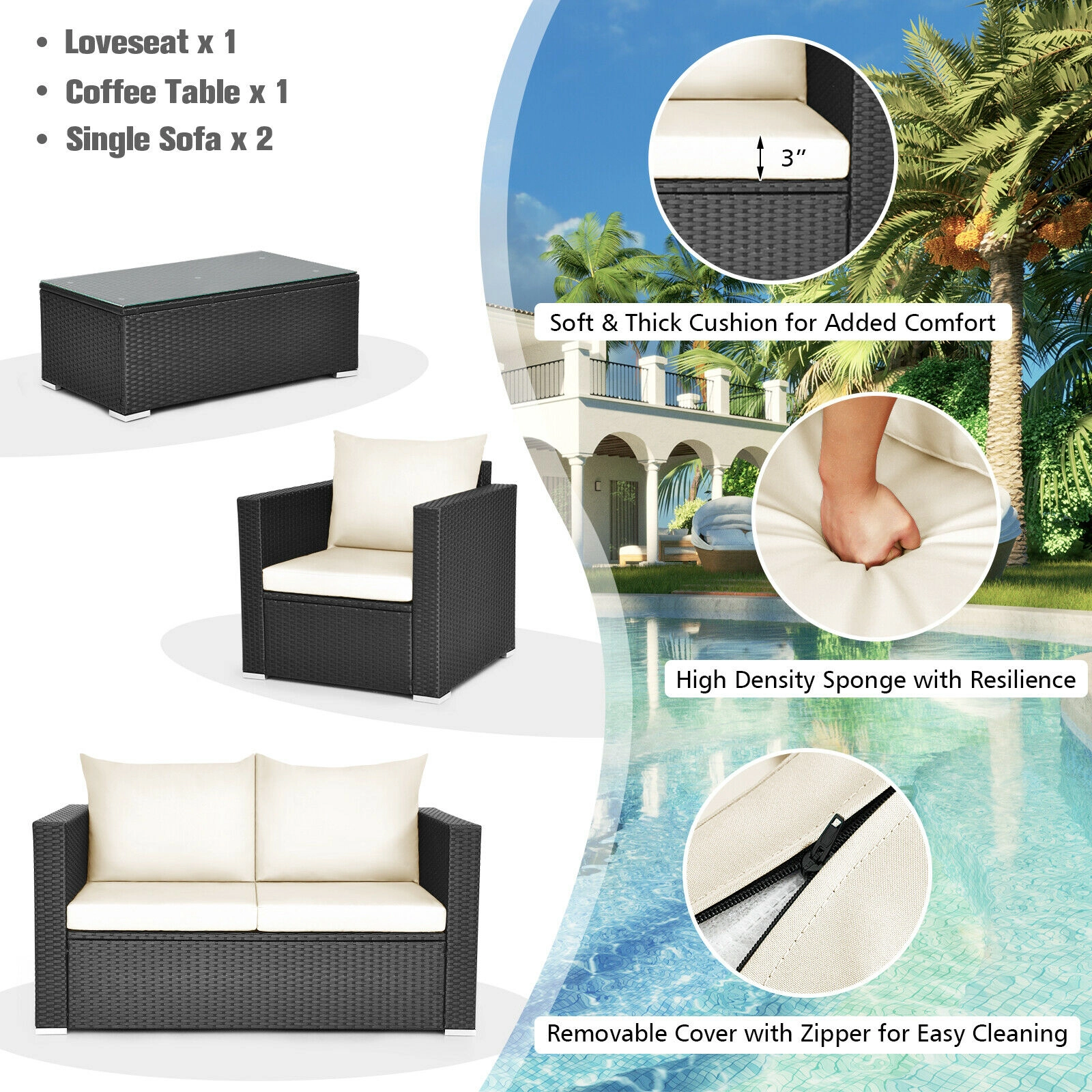 SUGIFT 4-Piece White Rattan Patio Conversation Set with Loveseat, 2 Sofas and Glass Table