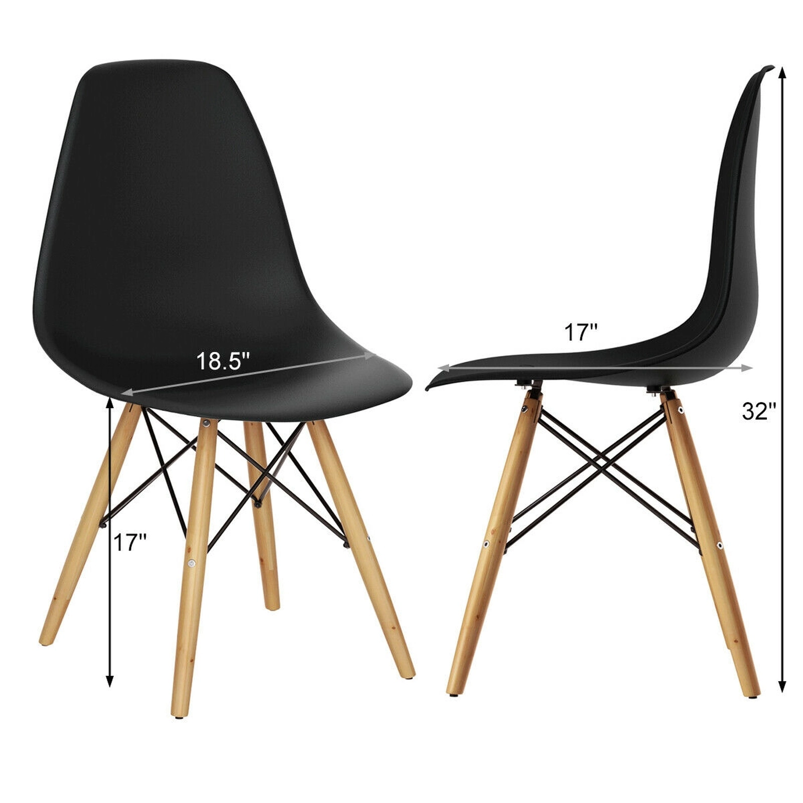 SUGIFT Set of 2 Black Mid-Century Modern Molded Shell Dining Chairs with Solid Beech Wood Legs for Kitchen