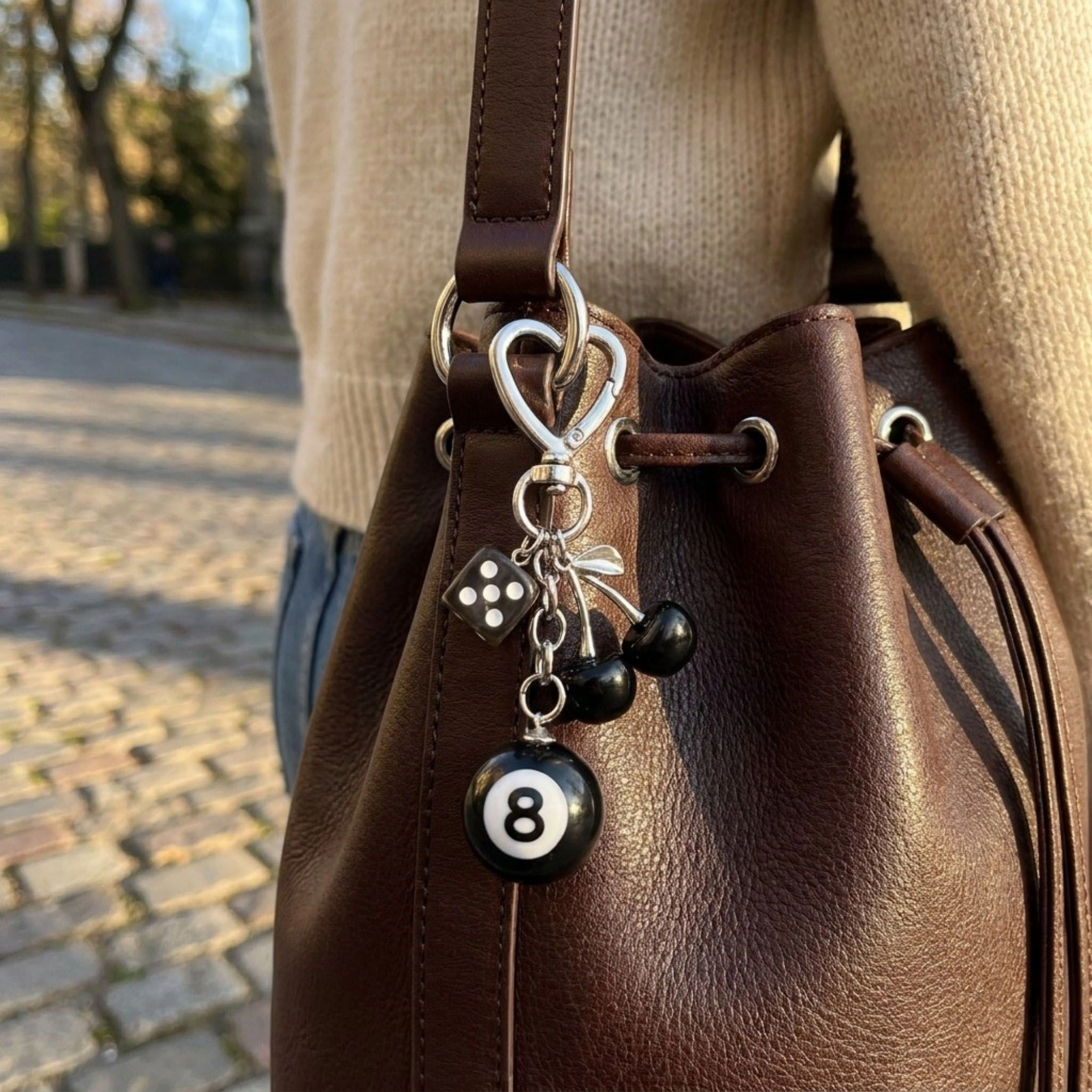 Alilang Women's 8 Ball Cherry Dice Charm Keychain with Heart Clip Novelty Bag Key Ring Accessory