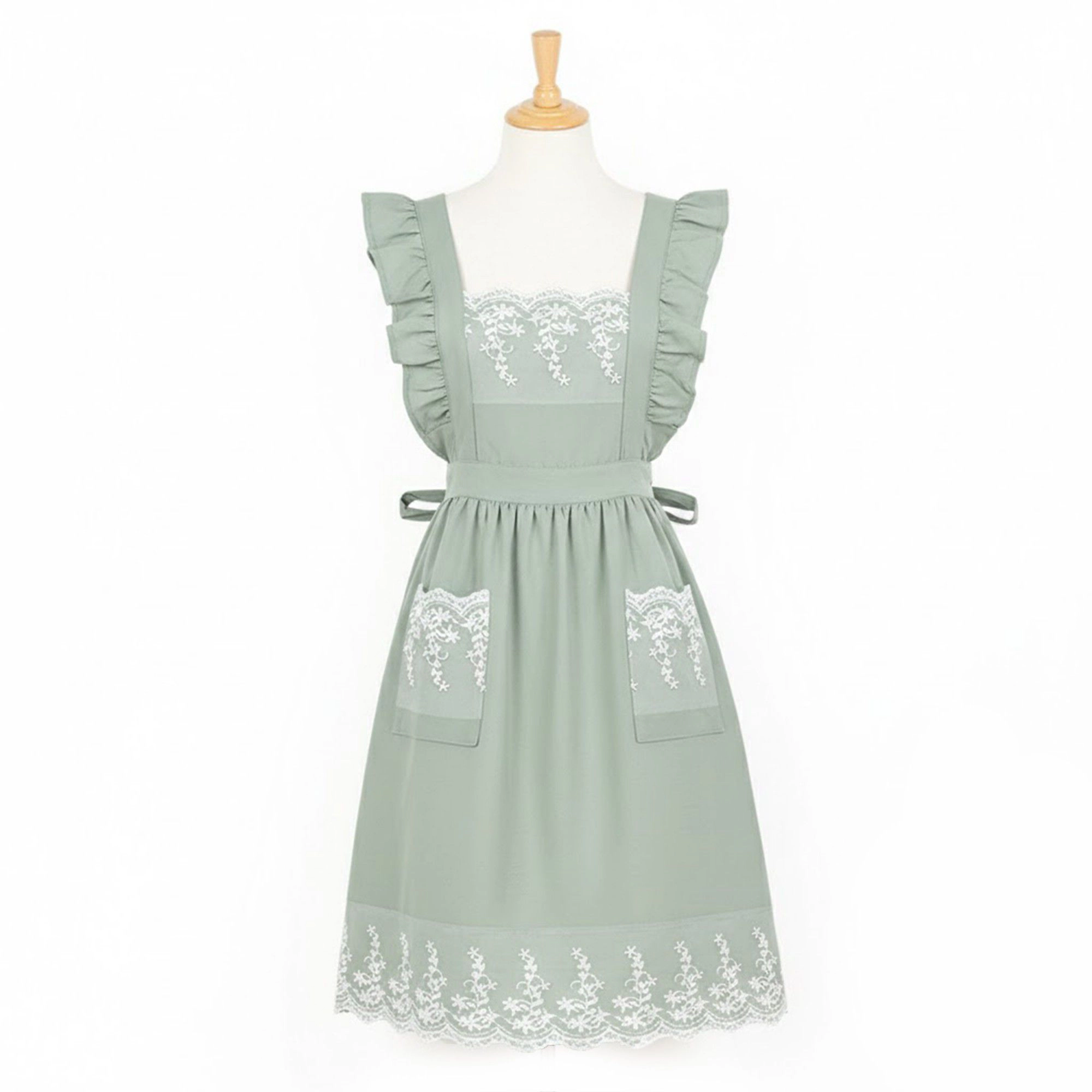Alilang Unisex Lace Trim Ruffle Kitchen Apron with Embroidered Bib Detail Dual Front Pockets and Adjustable Waist Ties