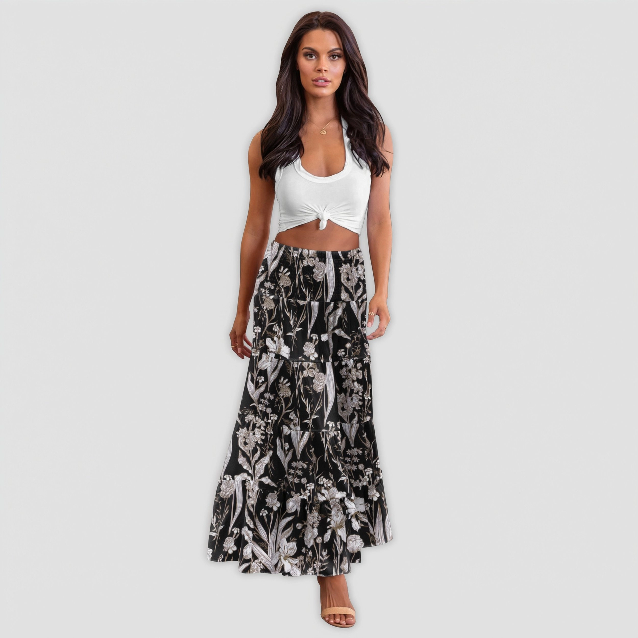 Zeagoo Women's Floral Print High Waist Tiered Ruffle Flowy Maxi Skirt