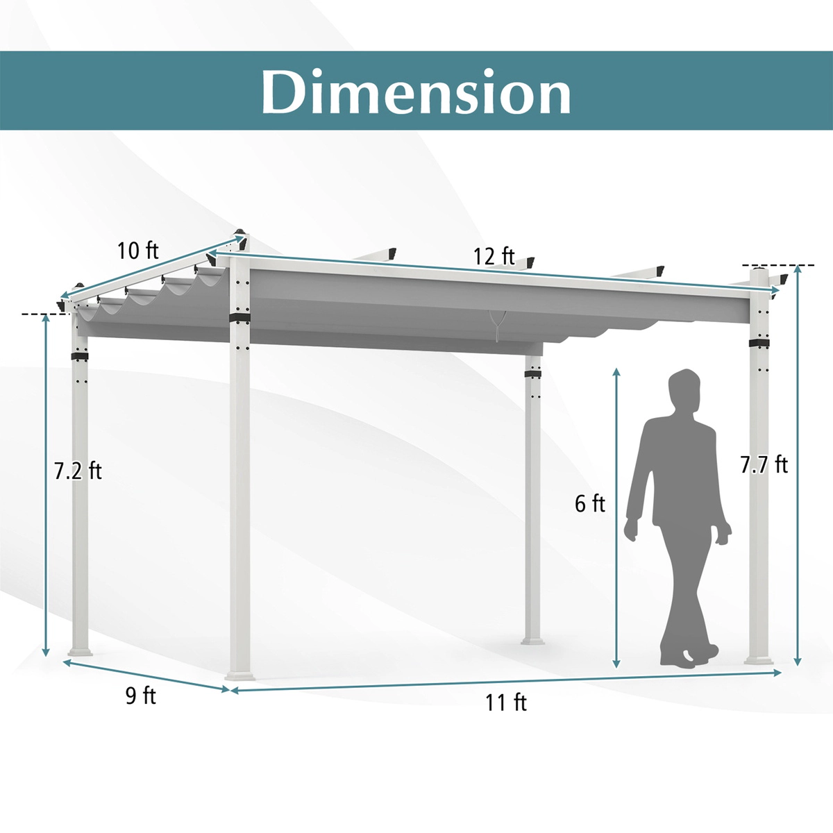SUGIFT Outdoor Pergola Gazebo with Retractable Canopy 7.7-in Tall Turquoise/Gray+White