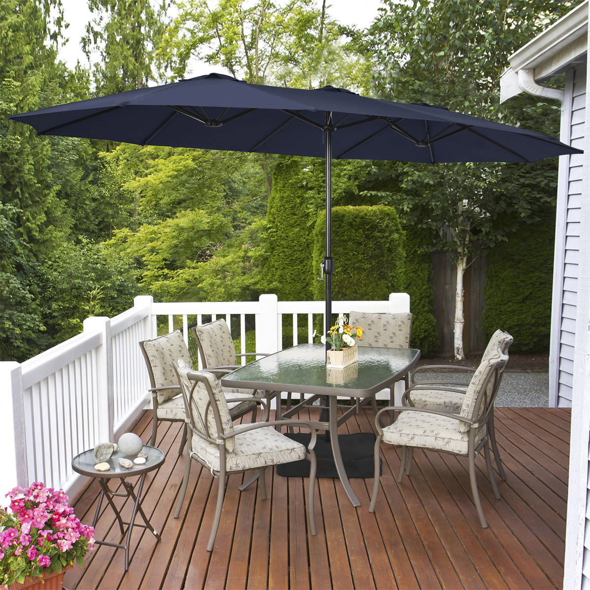 SUGIFT Crank Lift 12 Ribs and Weighted Base 15 FT Double-Sided Twin Patio Umbrella