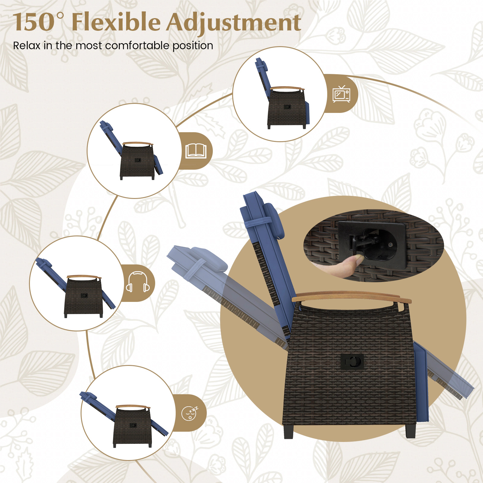 SUGIFT Side Table Navy Patio Wicker Recliner Chair 150-Degree Adjustable Backrest and Footrest