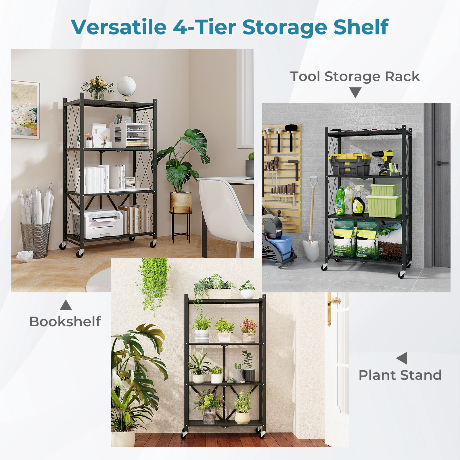 SUGIFT Black 4-Tier Foldable Storage Rack with Lockable Wheels and Pre-Assembled Frame
