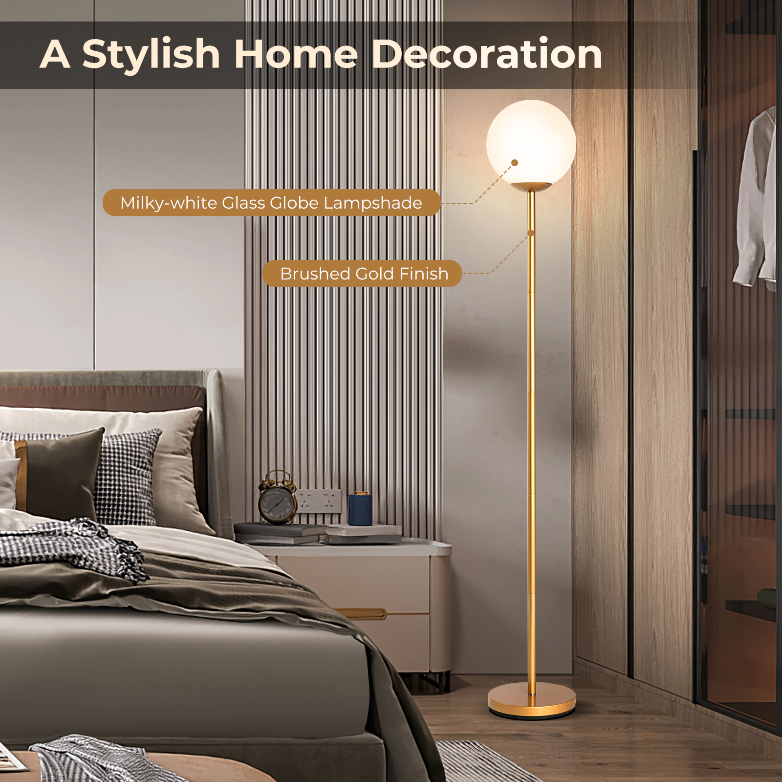 Slickblue Gold Standing Floor Lamp 65in Slim Steel Frame Glass Shade Reading Corner Light