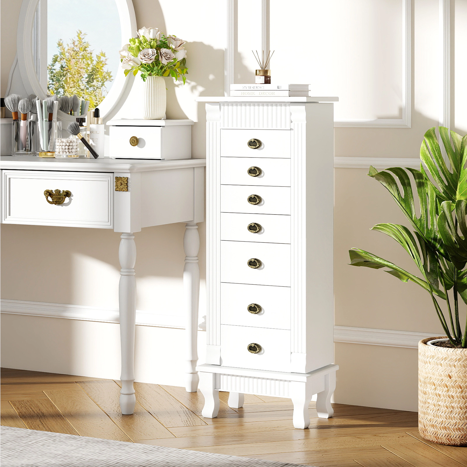 SUGIFT Free Standing Jewelry Armoire Cabinet Storage Chest with Drawers and Swing Doors 39-in Tall White
