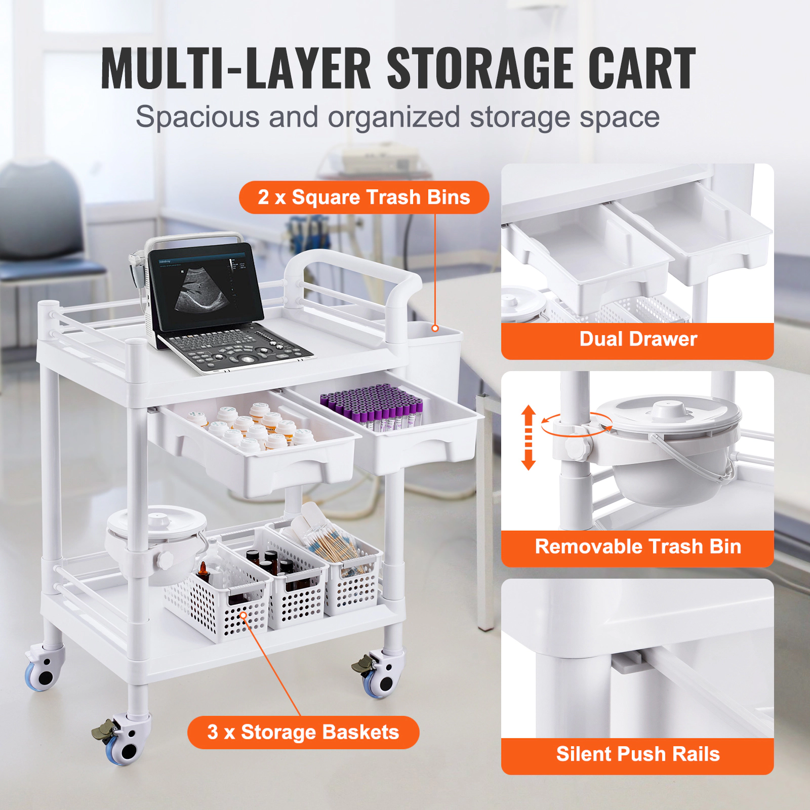 HONGGE Lab Carts Lab Utility Cart with 3 Trays & 4 Silent Wheels Mobile Medical Cart with PP Material Lab Rolling Cart