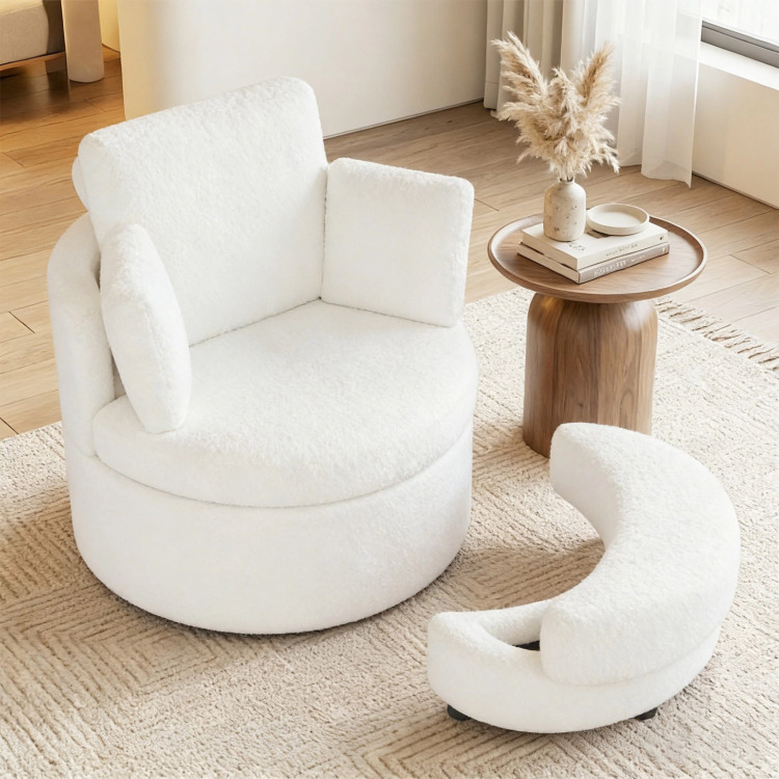 SUGIFT 360-Degree Swivel Storage Sherpa Accent Chair and Ottoman 35.5-in x 34.5-in x 32.5-in 440-lb Capacity White