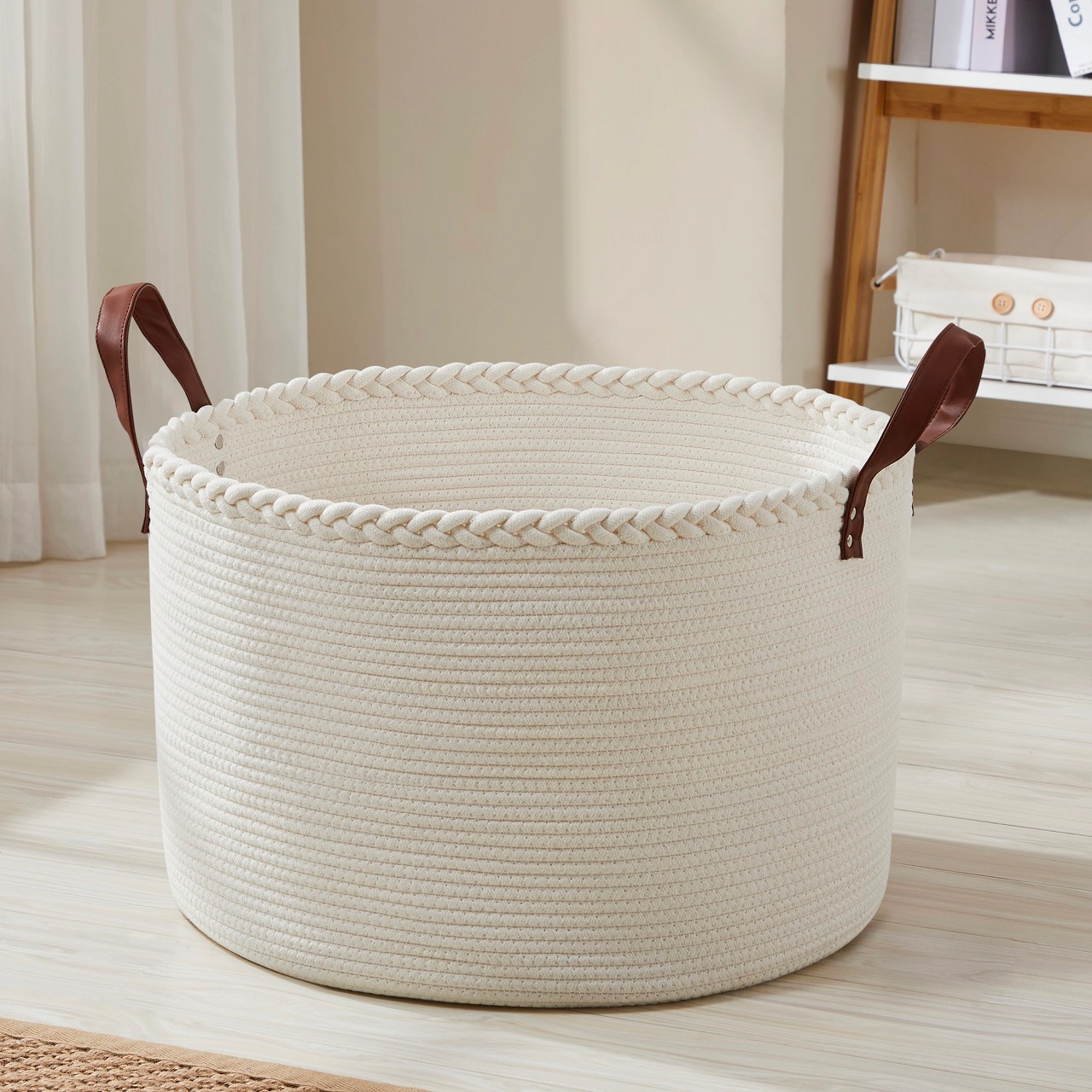 Ornavo Home Extra Large Round Cotton Rope Storage Basket Laundry Hamper with Leather Handles