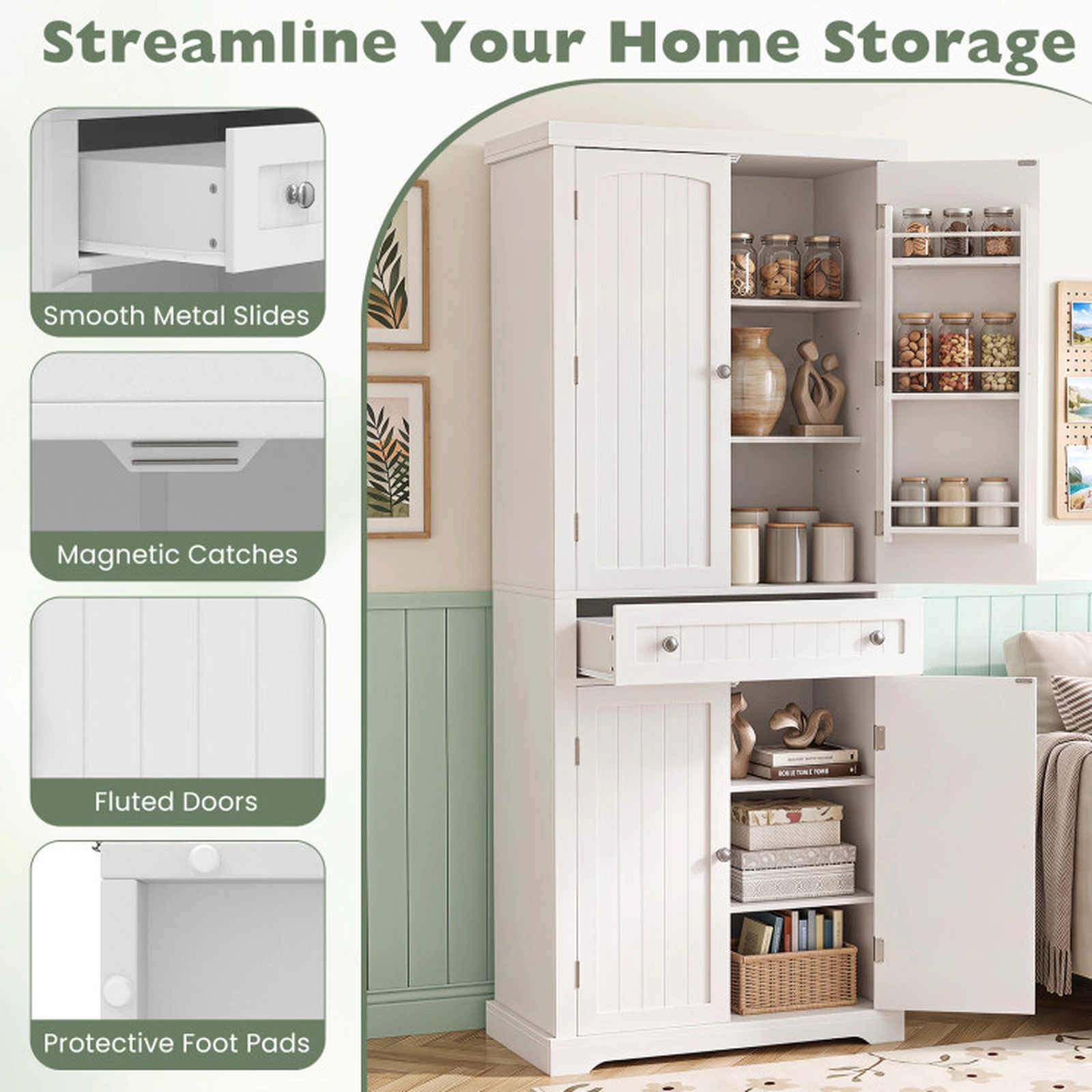 SUGIFT Tall Kitchen Pantry Storage Cabinet with 4 Fluted Doors Drawer 22-lb Shelf Capacity 11-lb Drawer Capacity White