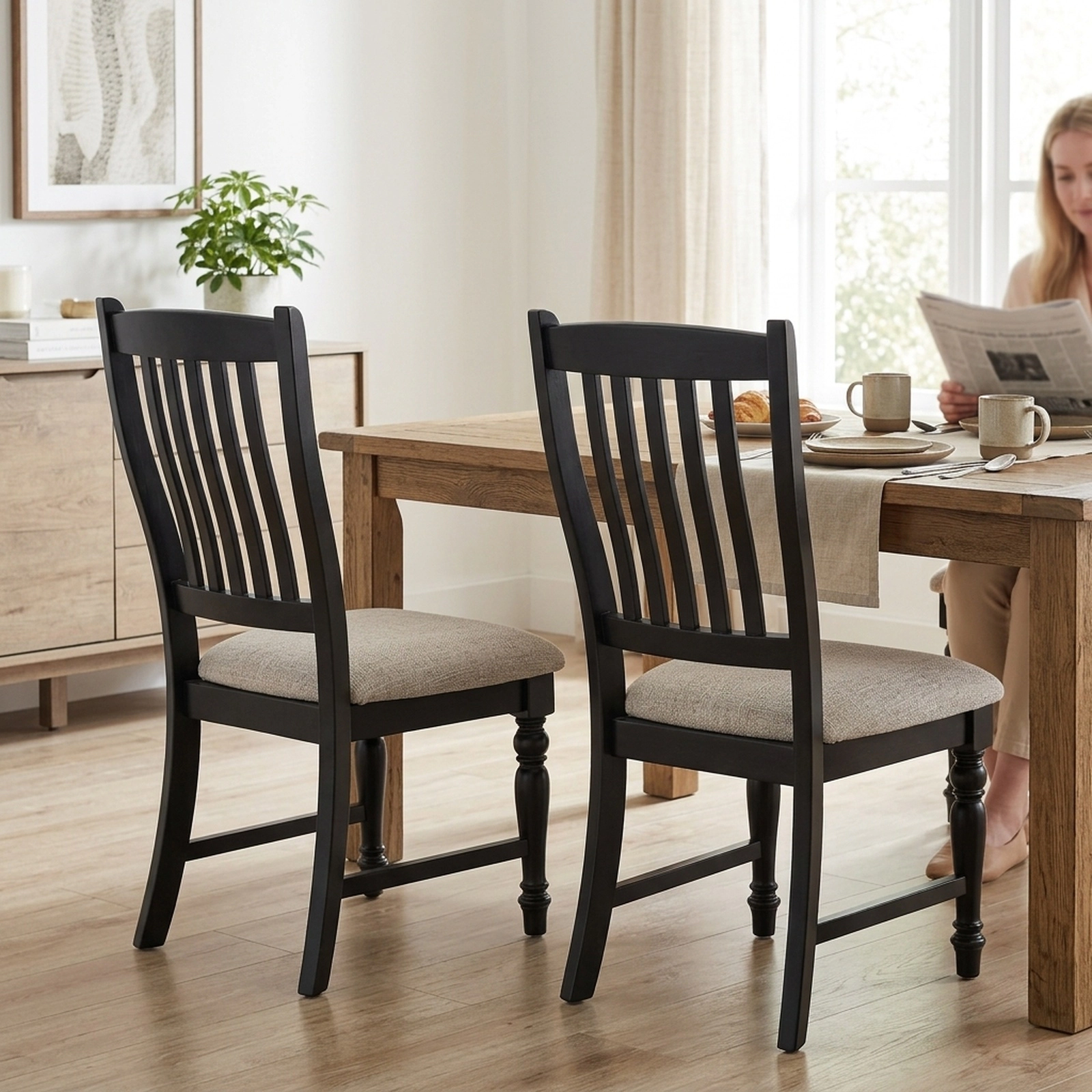 Set of 2 Black Fabric Dining Side Chairs with Inclined Backrest, 350 lb Capacity