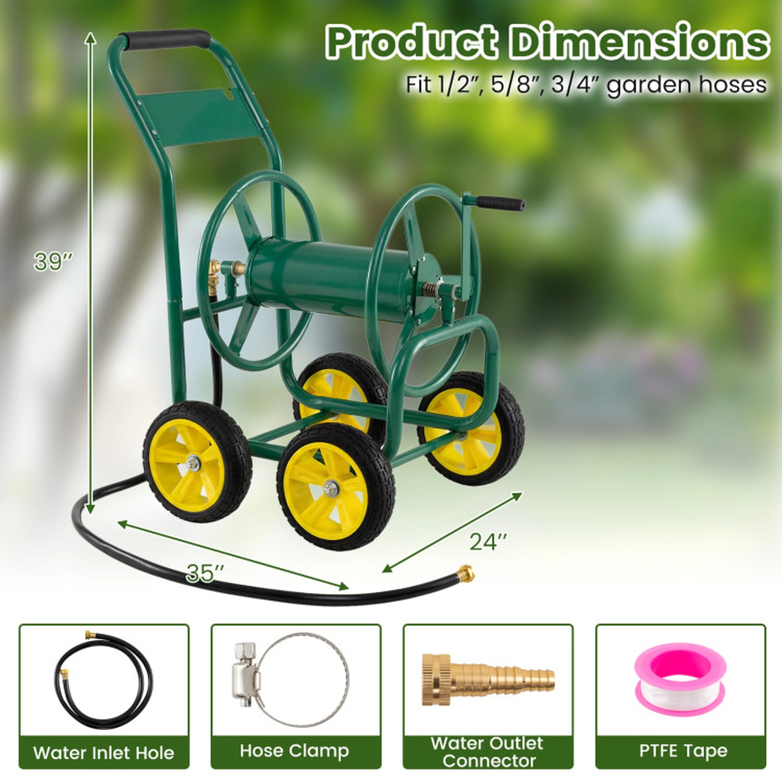 SUGIFT 4-Wheel Garden Water Hose Reel Cart Foam-Padded Handrail 330-ft 5/8-in or 400-ft 1/2-in Hose Capacity Green