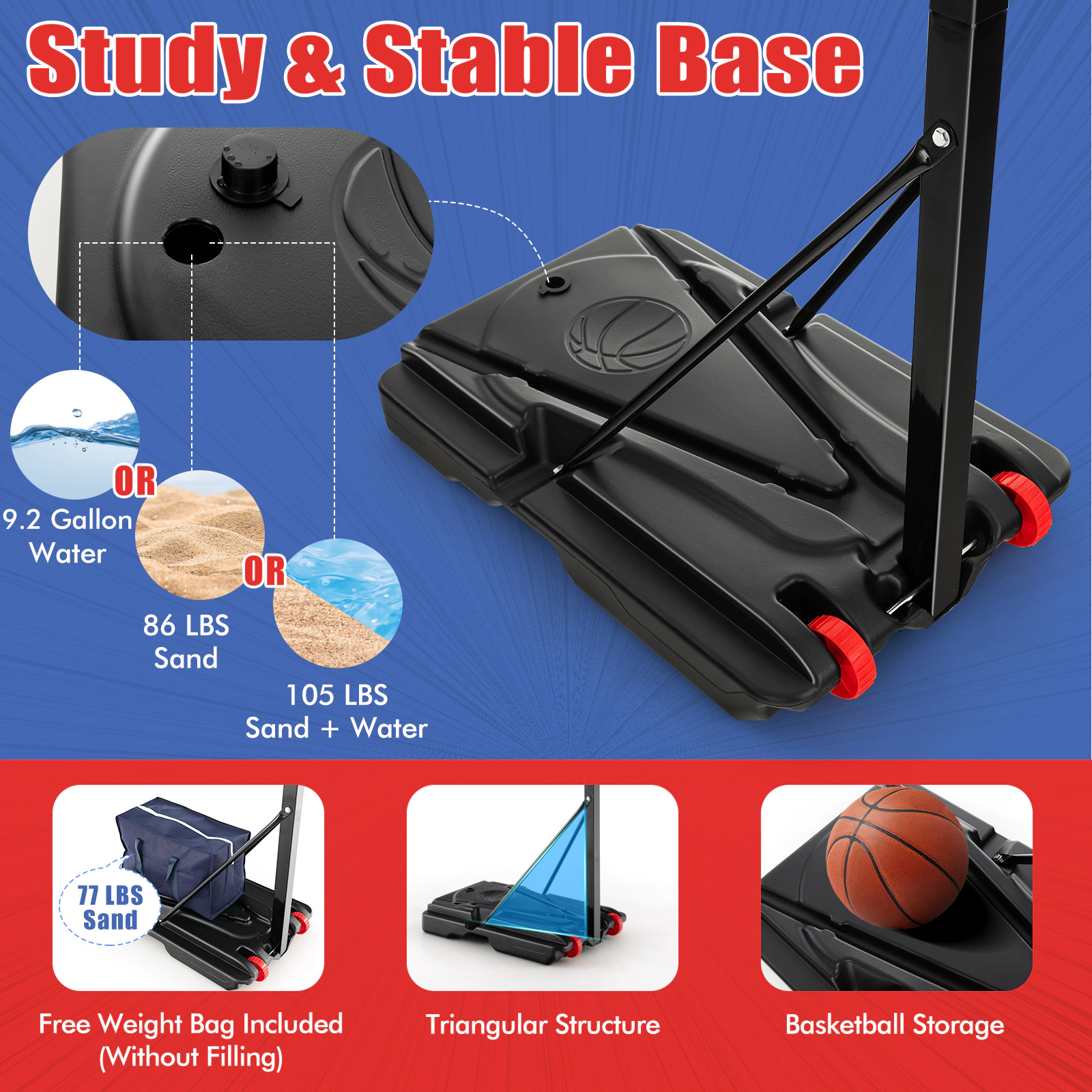 SUGIFT 5-ft to 10-ft Height Adjustable Basketball Hoop with Shatterproof Backboard and Fillable Base