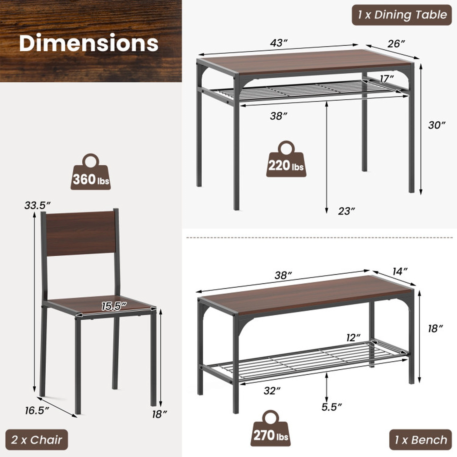 SUGIFT 4-Piece 43-Inch Industrial Dining Set with Table, Bench, 2 Chairs and Storage Shelves