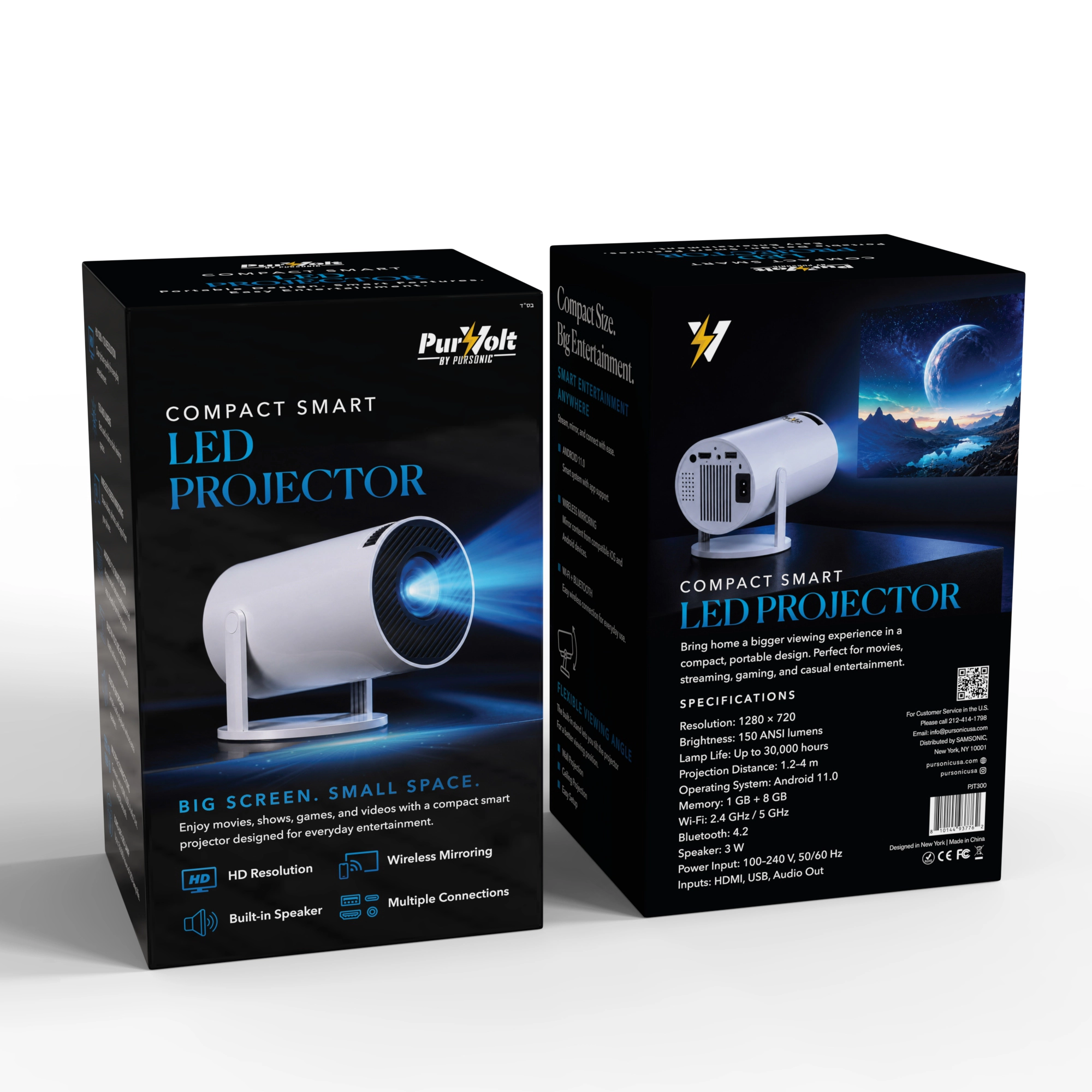 Pursonic Compact Smart LED Projector – HD 720P Portable Projector with Wireless Screen Mirroring