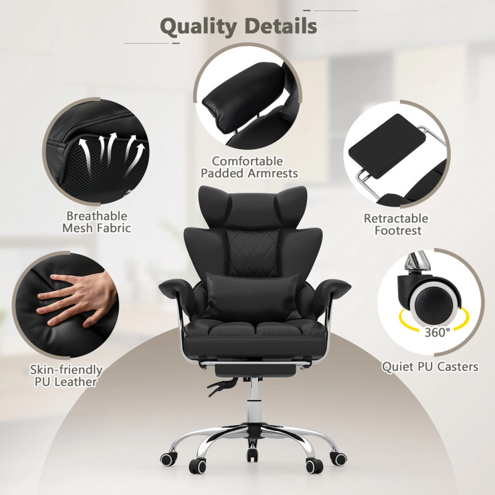 SUGIFT High Back Pocket Spring Retractable Footrest Executive Office Chair 29-in x 27.5-in x 45-in 400-lb Black