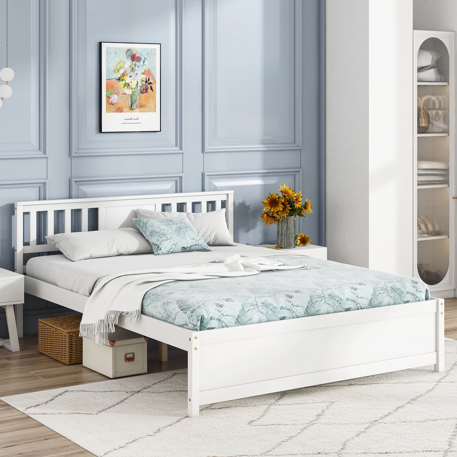 SUGIFT Queen White Wooden Platform Bed Frame with Panel Headboard and Footboard