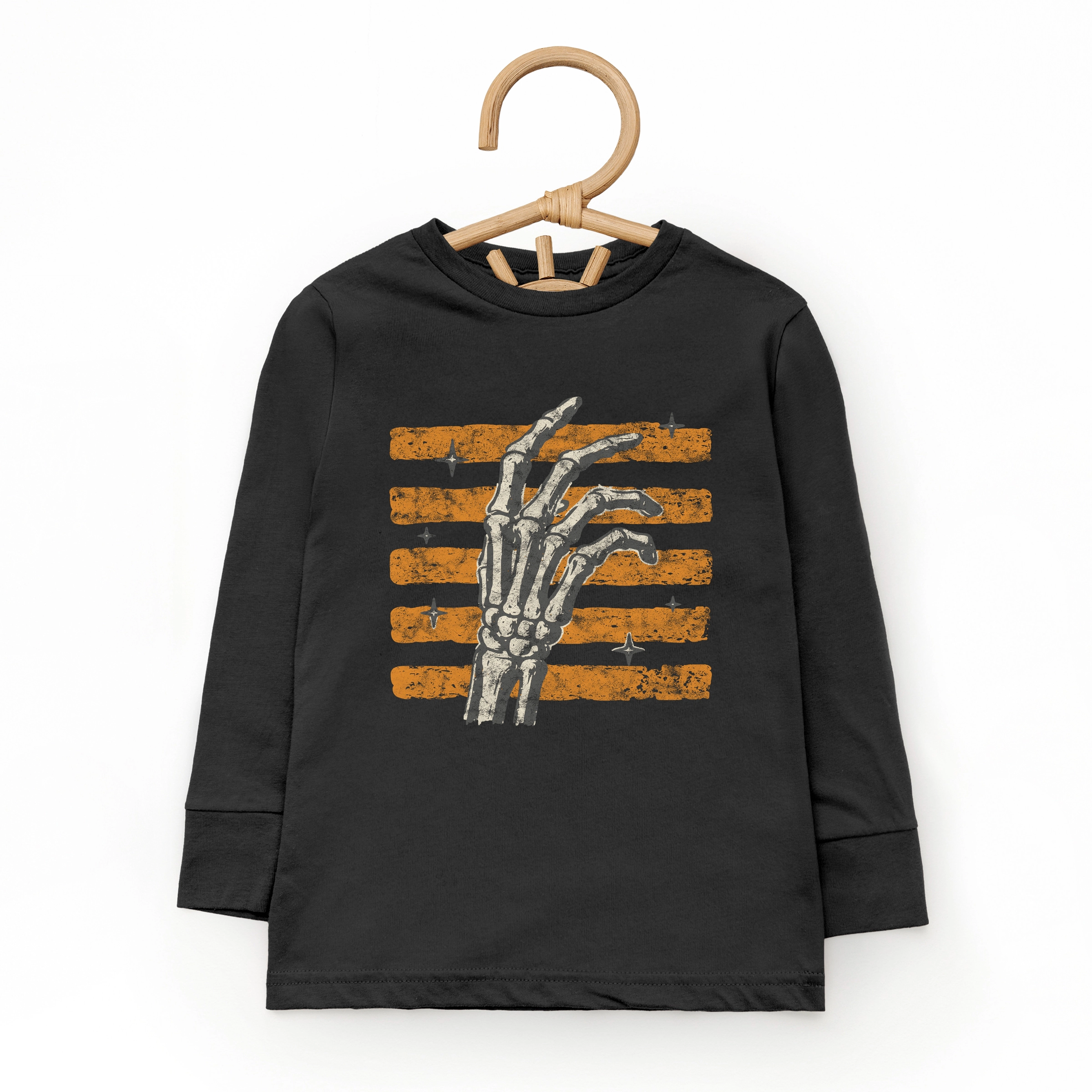 The Juniper Shop - Toddler Long Sleeve Graphic Tee Skeleton Hand Orange Stripes