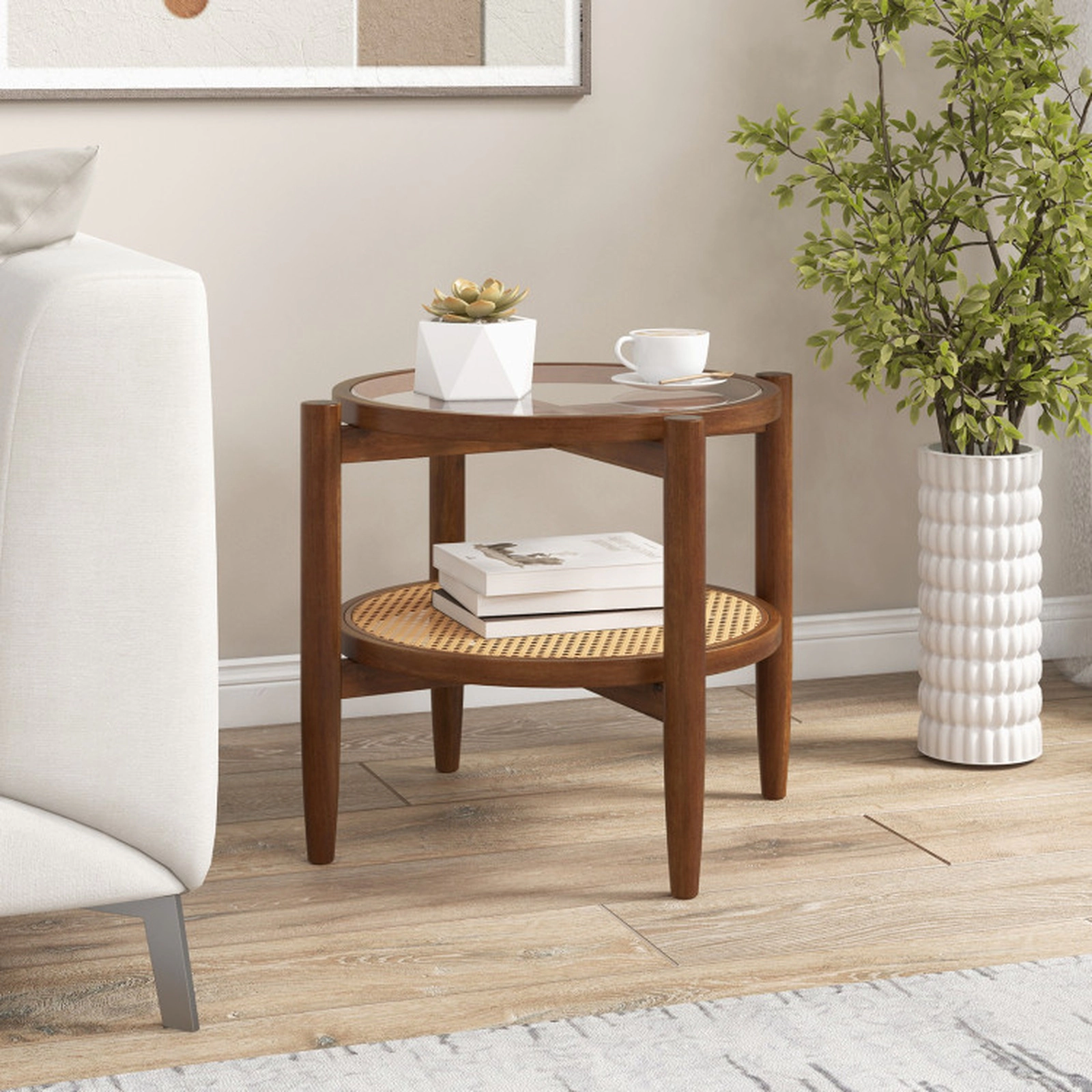 SUGIFT Tempered Glass Top and Woven Rattan Lower Shelf Walnut Round Side Table