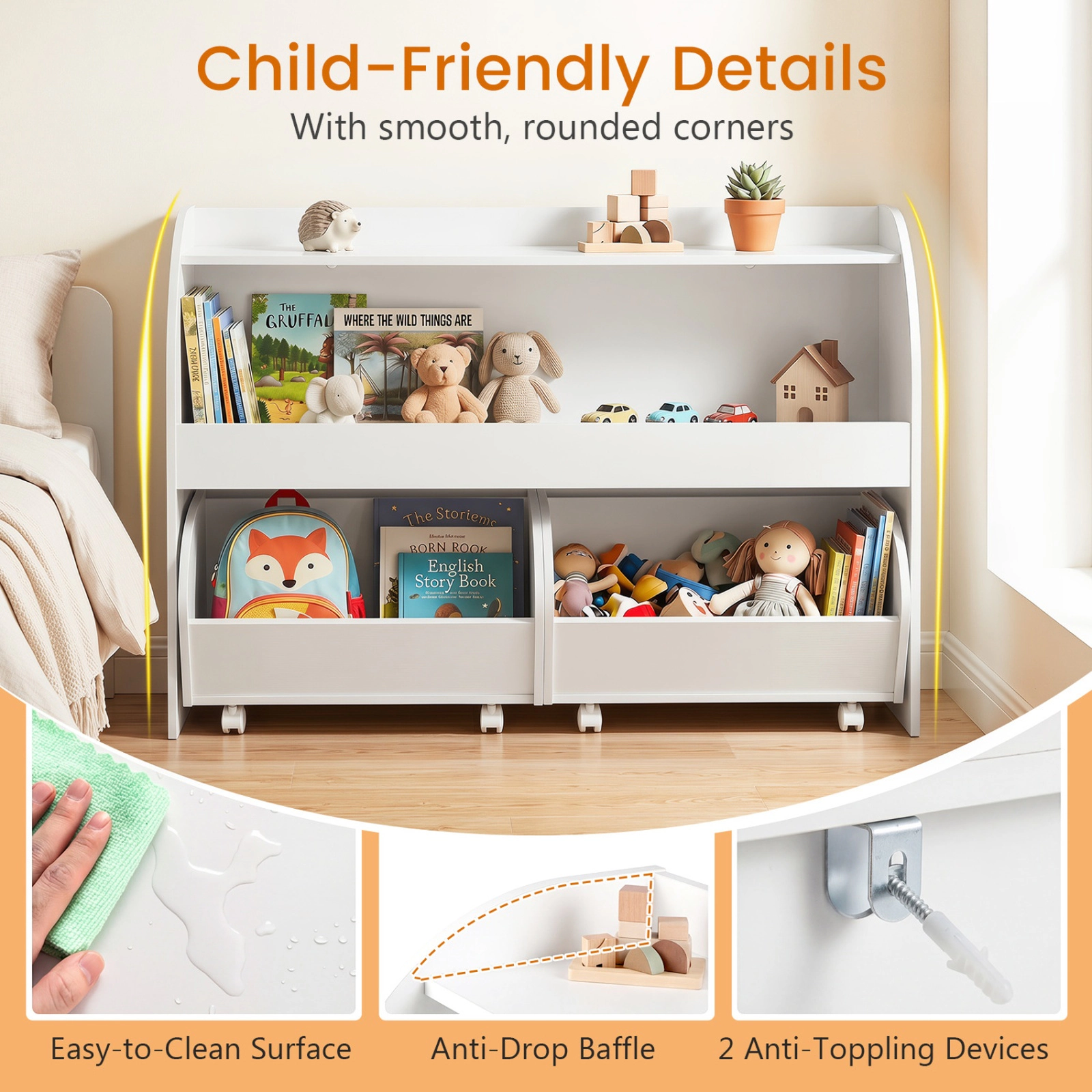 SUGIFT Kids Toy Storage Organizer with 2 Drawers and 3-Tier Bookshelf 22-lb Shelves 33-lb Drawers 38-in Frame White