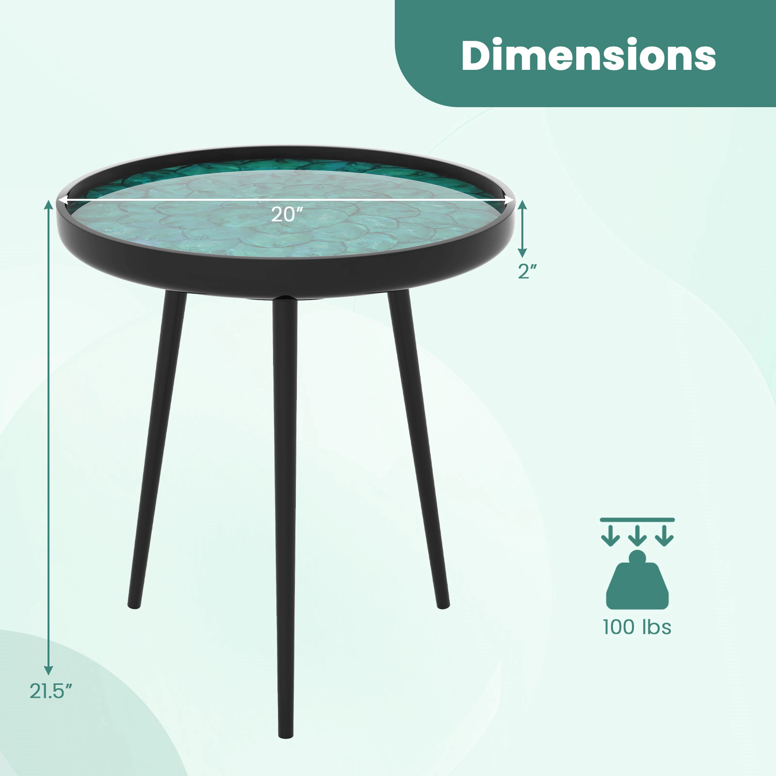 Glintex 20-Inch Handmade Sea Shell End Table with Epoxy Resin Top and Mahogany Legs, Green