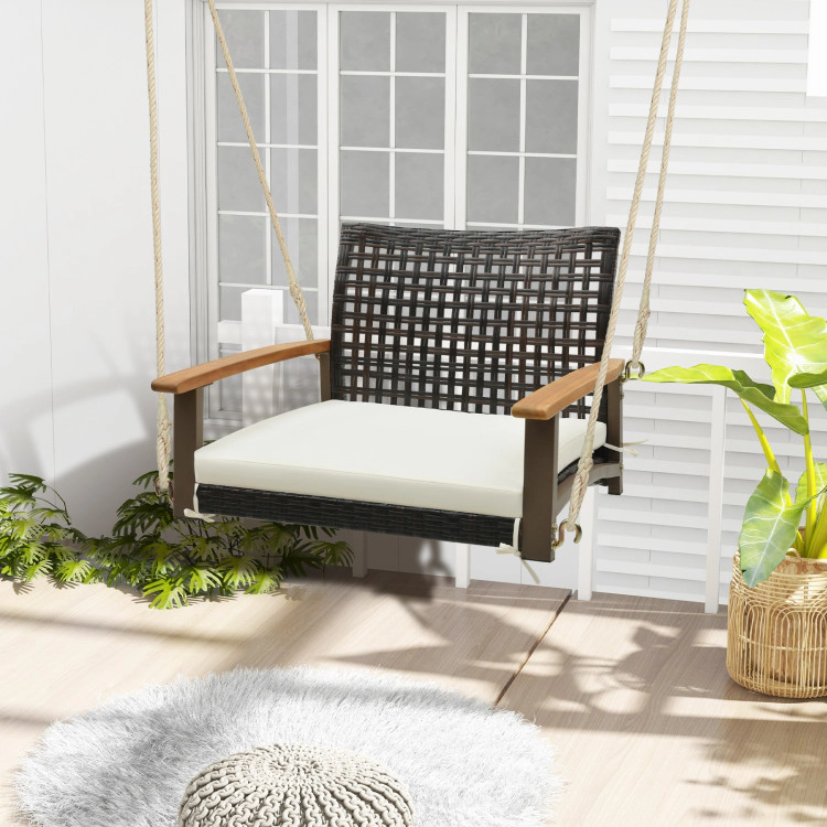 Hivvago Single Rattan Porch Swing With Armrests Cushion And Hanging Ropes