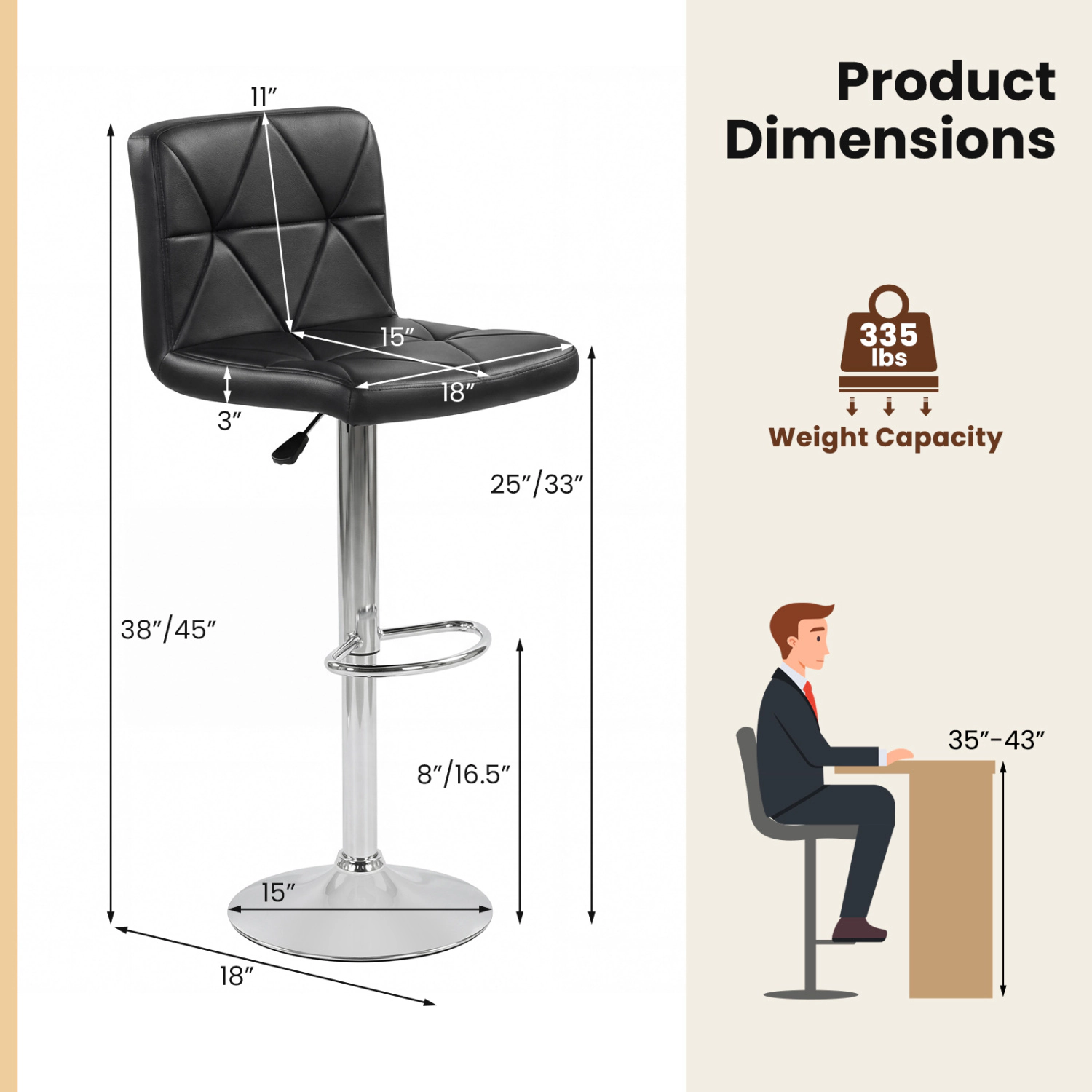 Glintex 2-Piece Adjustable Swivel Bar Stool Set with Diamond Quilted Back, Black