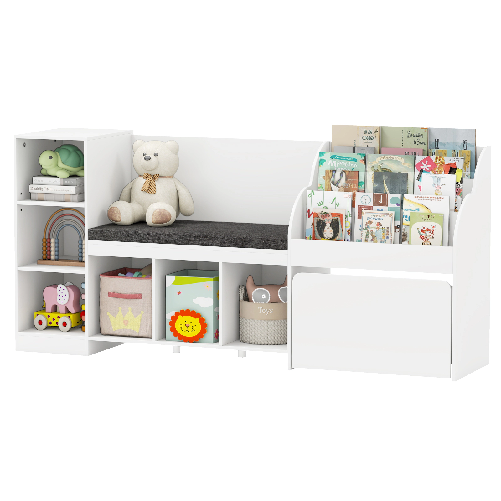 SUGIFT Kids 6 Cubbies Movable Drawer Reading Nook Seat 3-Tier Bookcase 67-in x 16-in x 32-in 330-lb Capacity White