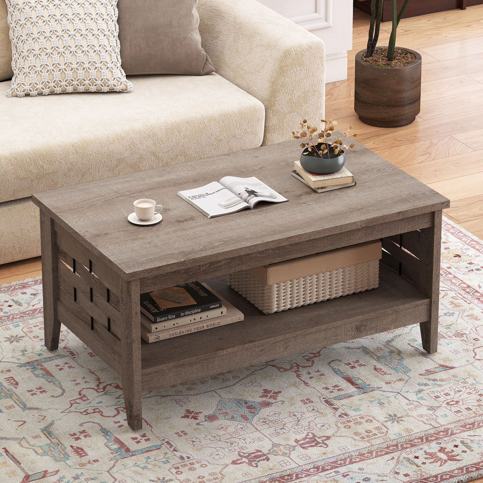 SlickBlue 2 Tier Coffee Table with Storage Shelf, Rustic Wood Center Table for Living Room