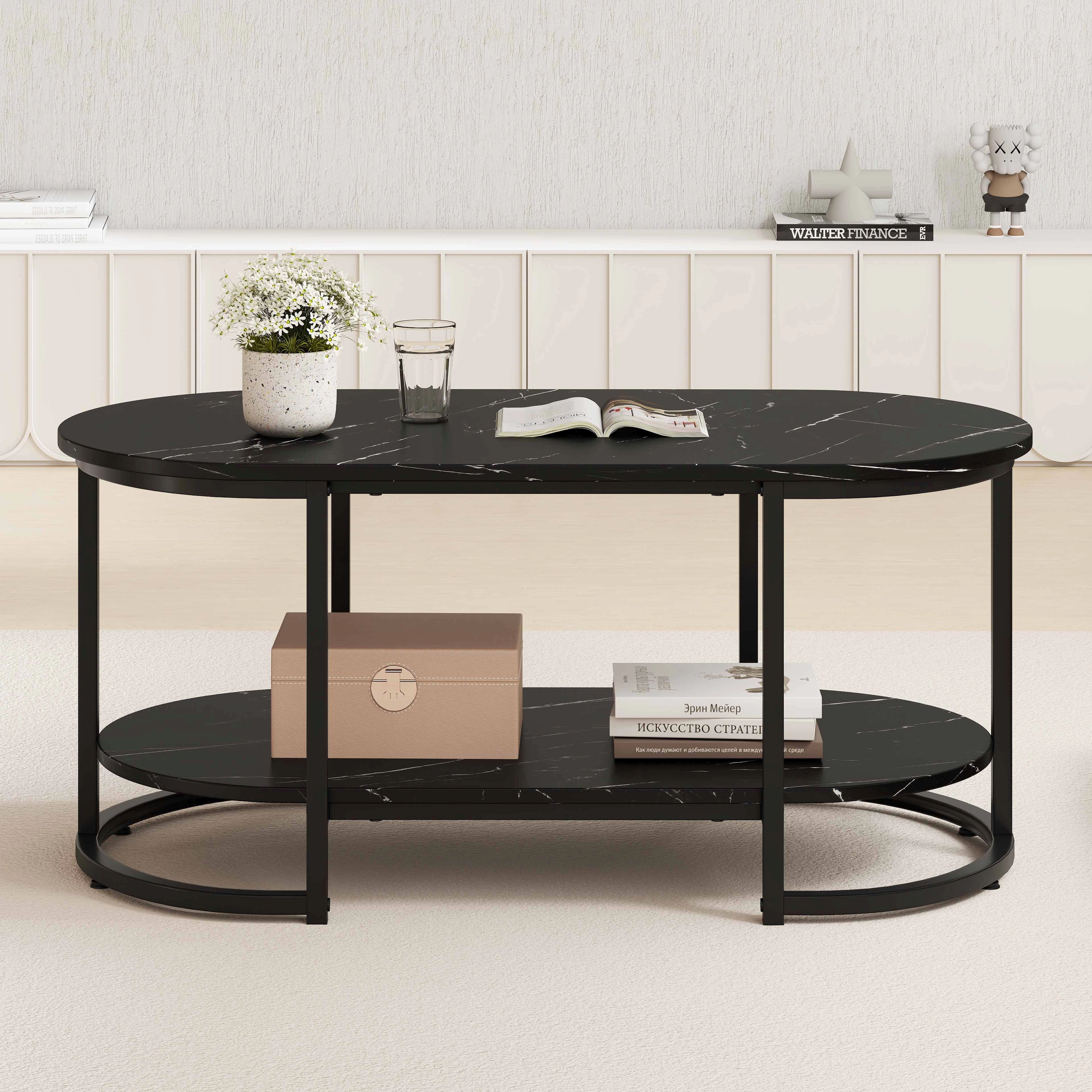SlickBlue Marble Coffee Table with Open Storage Shelf