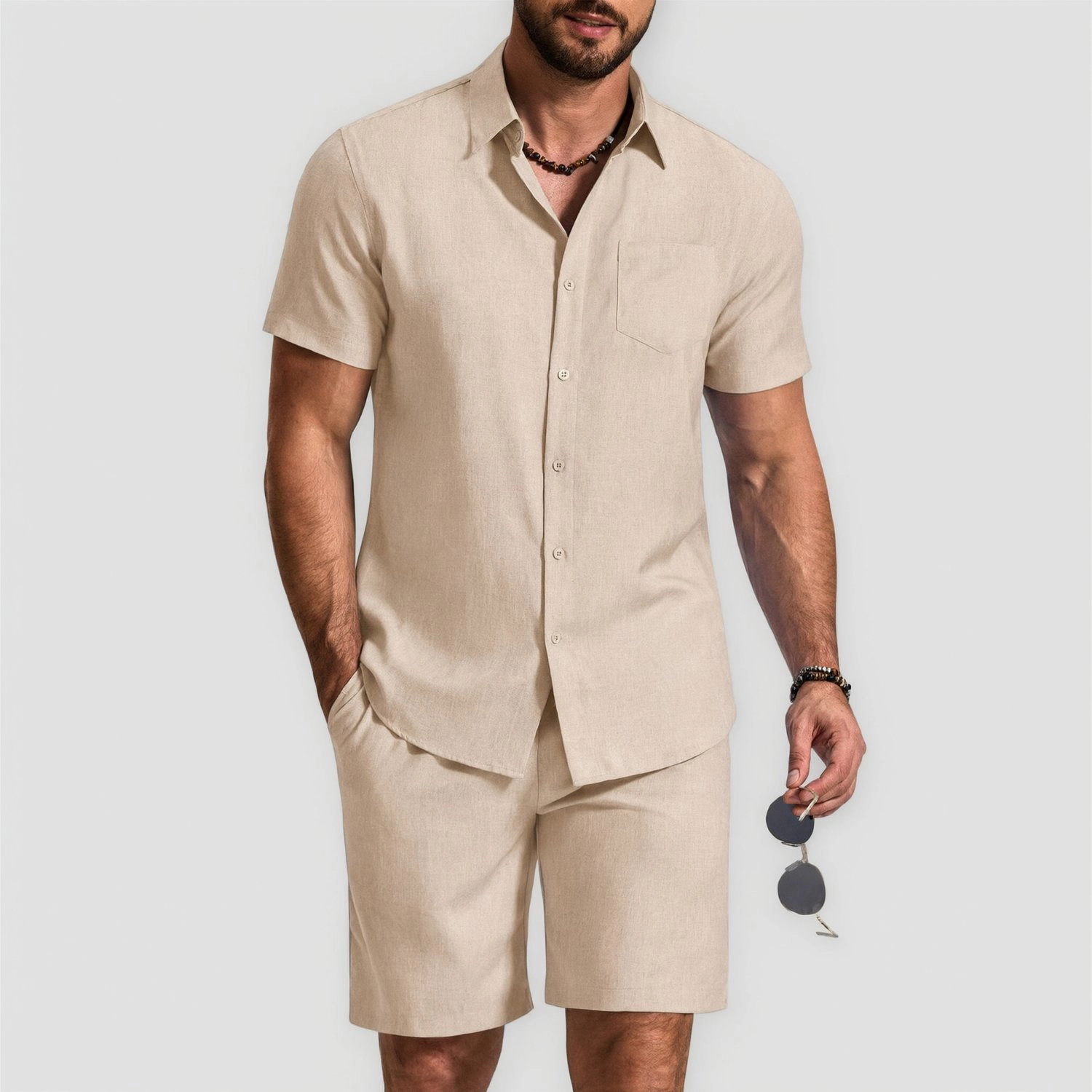 COOFANDY Mens Short Sleeve Button Down Shirt  Casual Lapel Collar Shorts Set