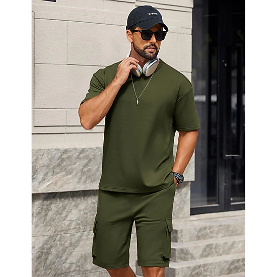 COOFANDY Mens  2 Piece Outfits Crew Neck Short Sleeve Tee Cargo Shorts Set