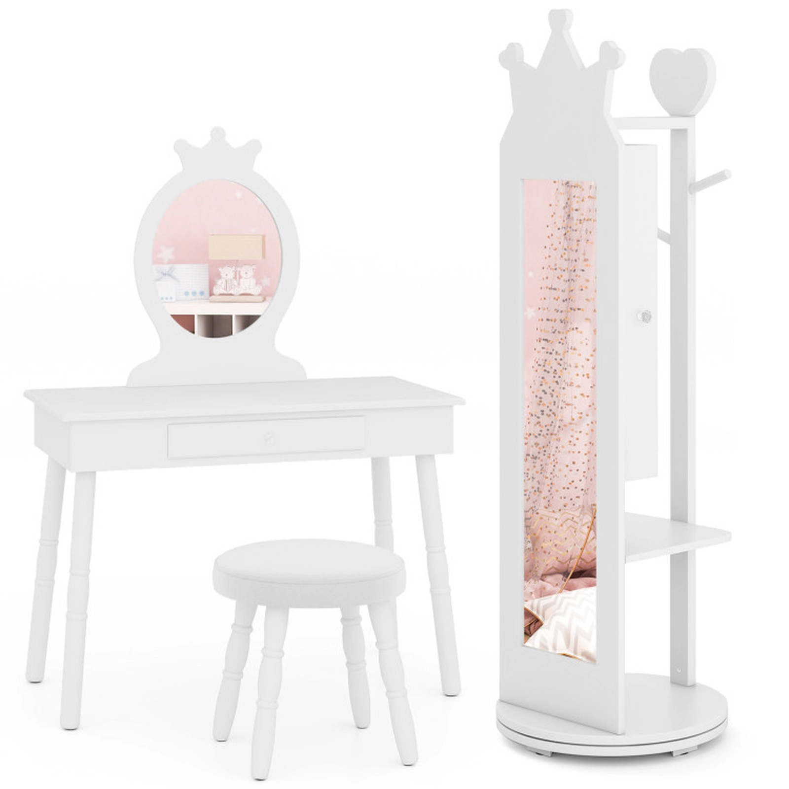 SUGIFT Kids Vanity Table and Stool Set with Full-Length Mirror Jewelry Cabinet and Storage Drawer