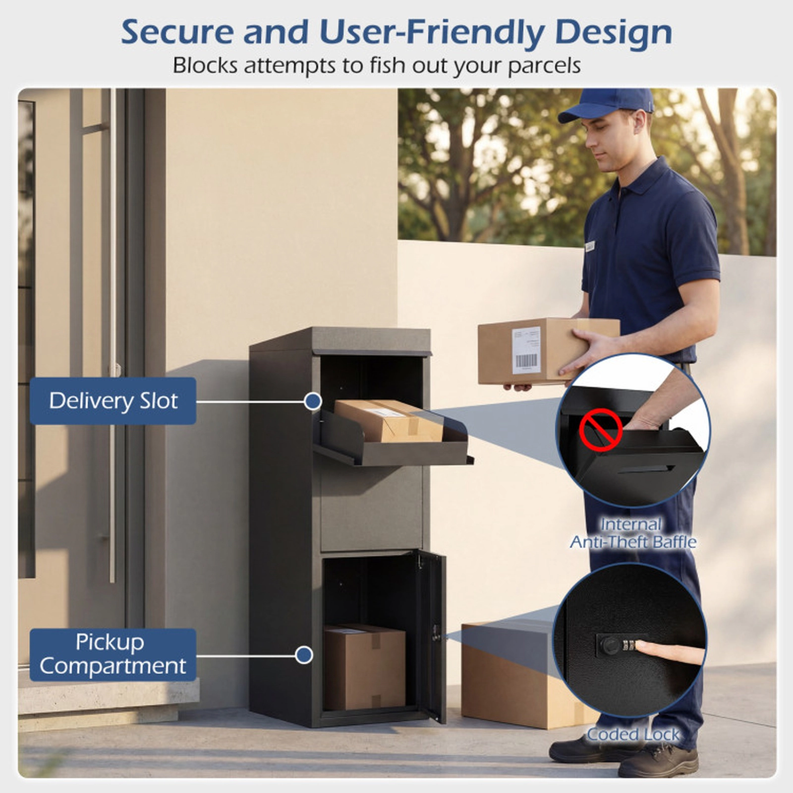 SUGIFT Outdoor Package Delivery Storage Box with Anti-Theft Baffle 110-lb Capacity Black
