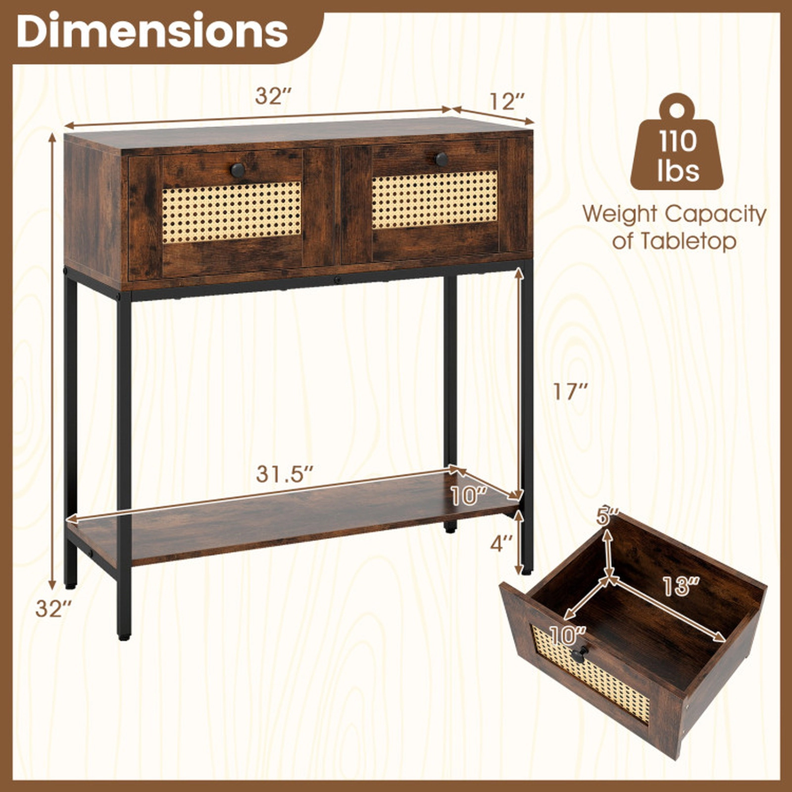SUGIFT Rattan 2-Drawer Console Table with Open Storage Shelf 132-lb Total Capacity Rustic Brown