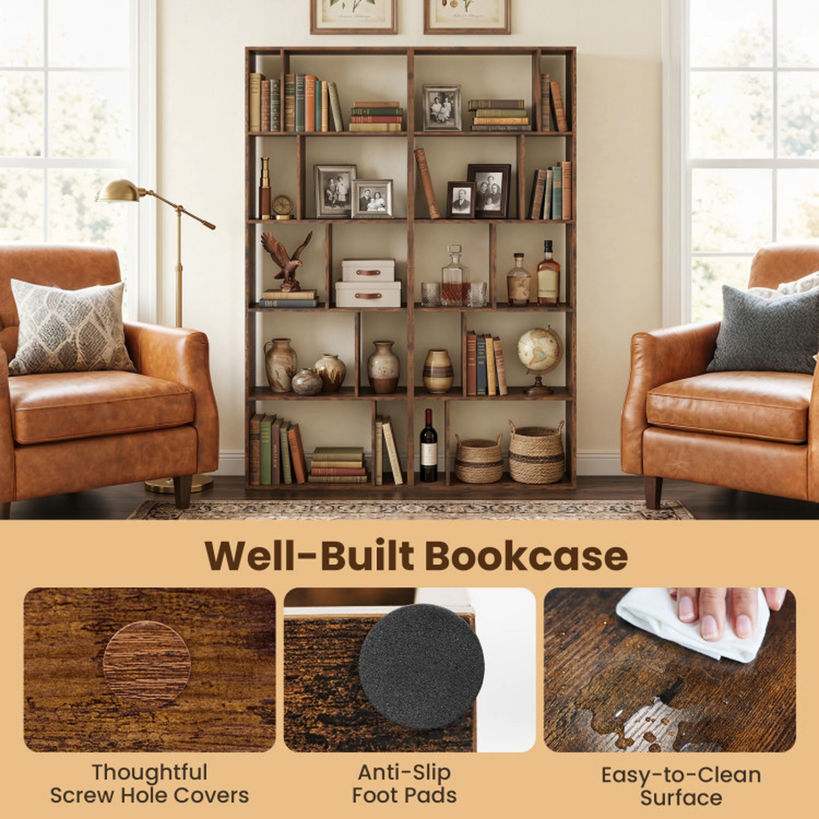 SUGIFT 5-Tier Modern Bookshelf with Open Back and 10 Storage Cubes 22-lb Cube Capacity 65-in Tall Brown