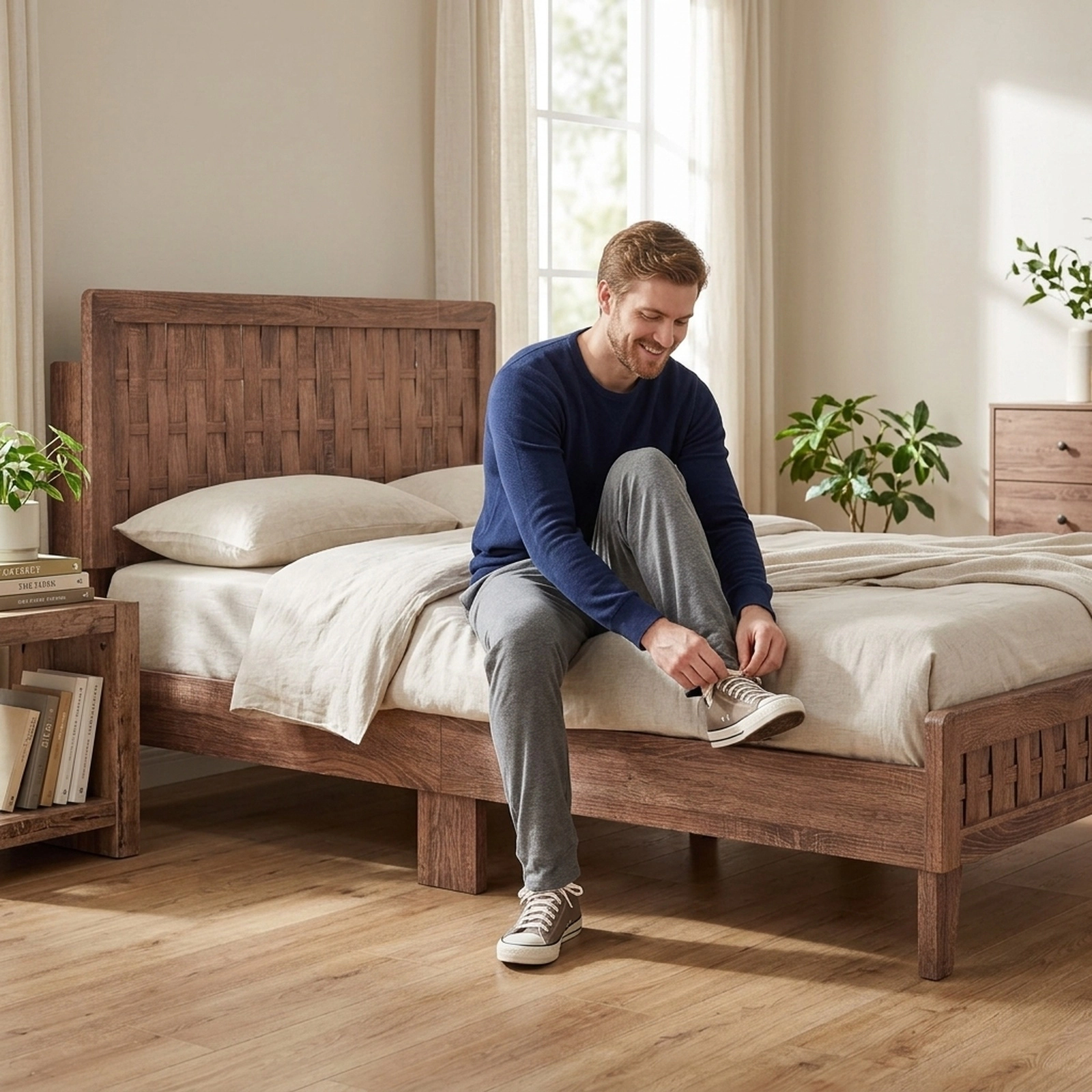 SUGIFT Twin Mid-Century Platform Bed Frame, Woven Accent Headboard and Footboard, Walnut