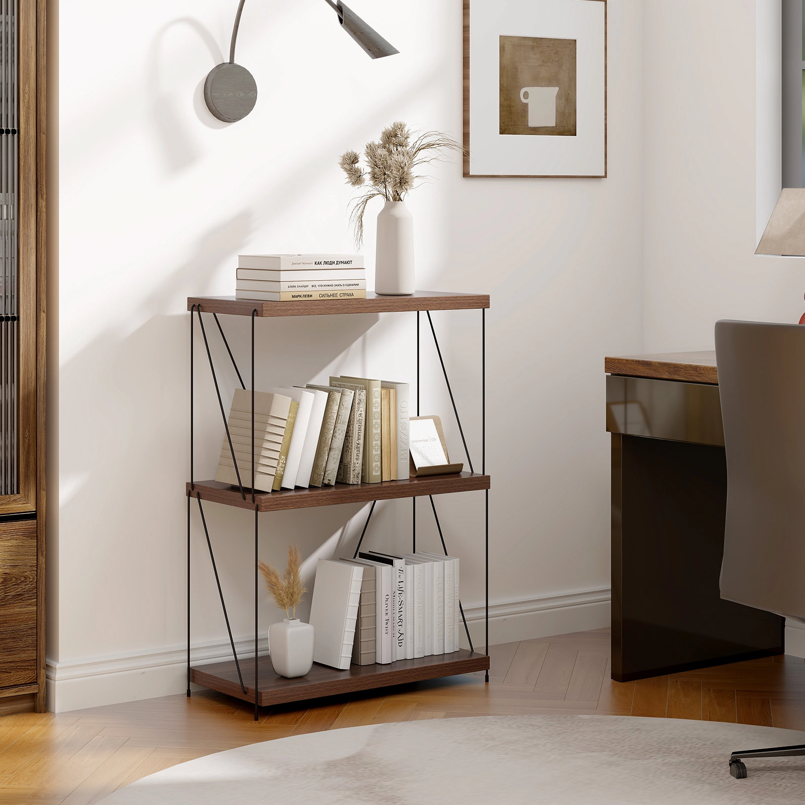 SUGIFT 2/3/4/5-Tier Multipurpose Bookcase Display Rack with Metal Frame 45-lb Per Shelf Capacity 18-58-in Heights Walnut