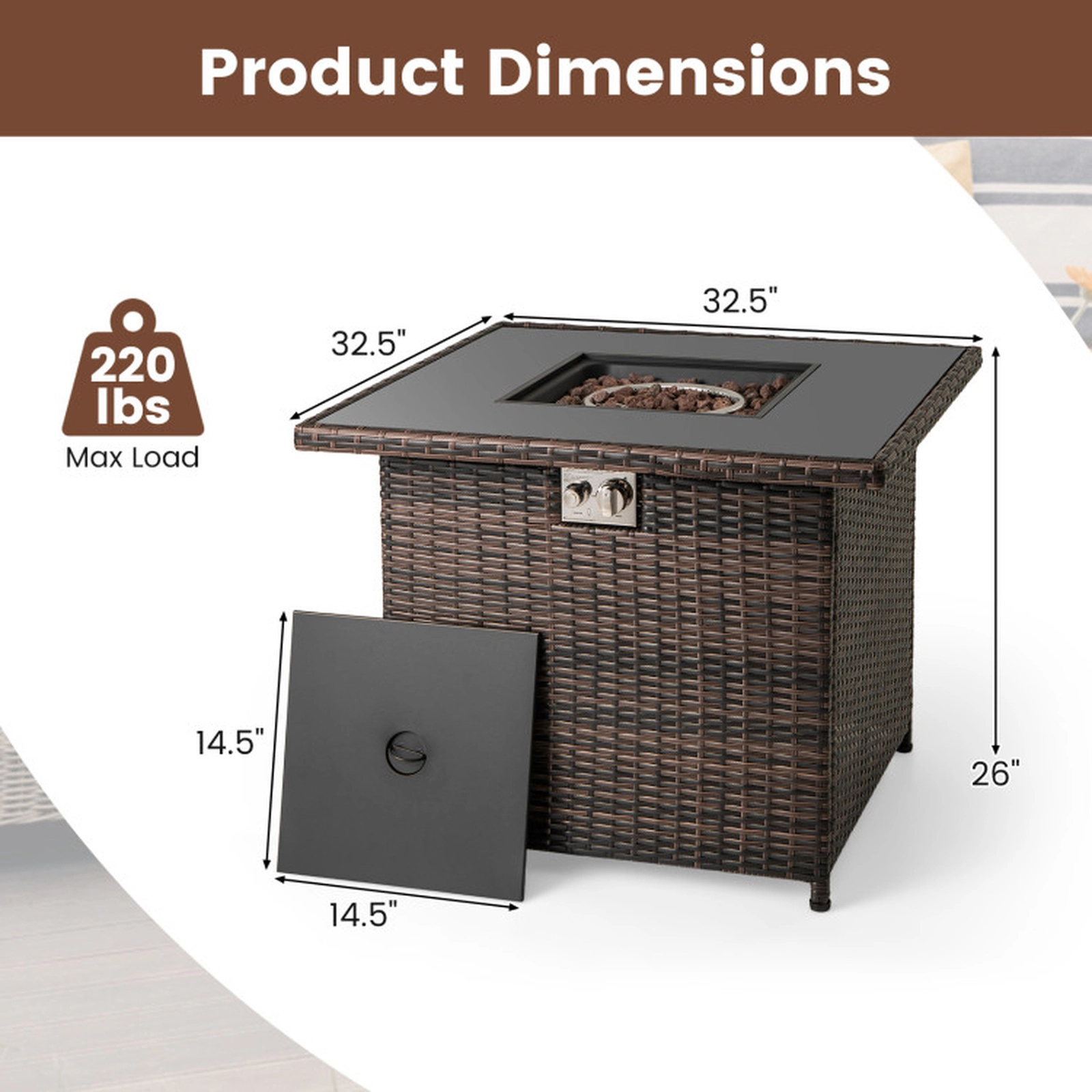 SUGIFT 32.5-Inch Brown PE Rattan Propane Fire Pit Coffee Table, 50,000 BTU
