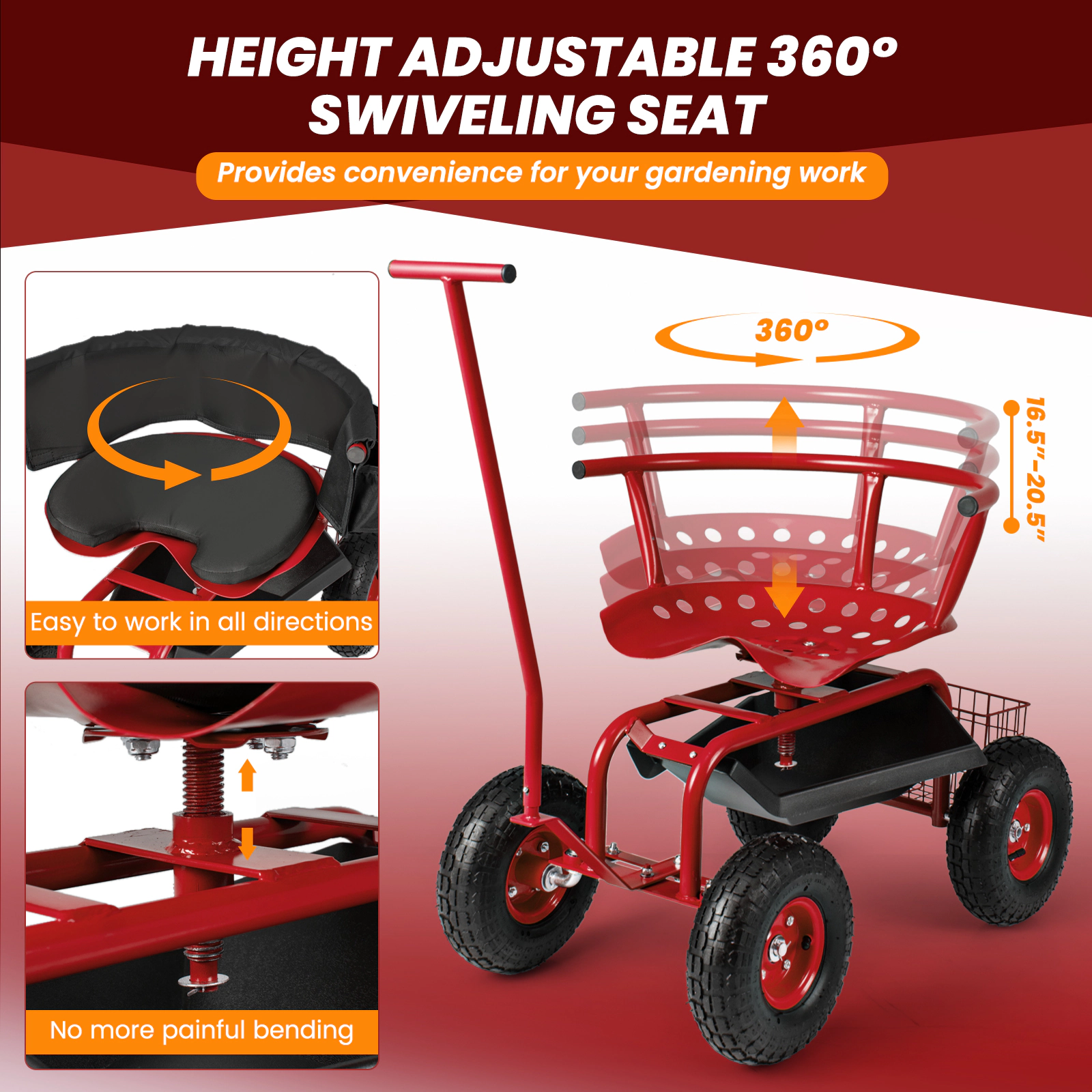 SUGIFT Rolling Garden Cart Red with Height Adjustable Swivel Seat Tool Tray and Basket