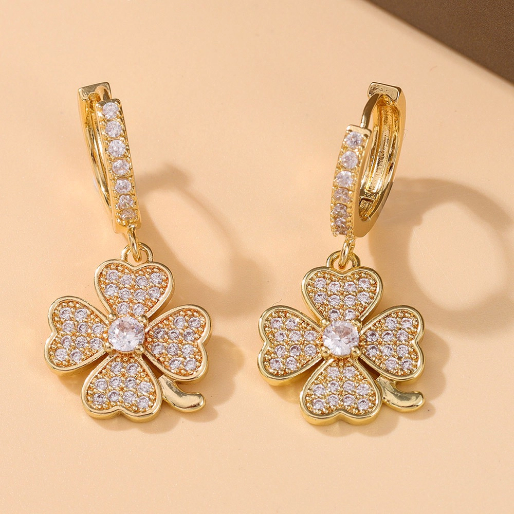 Pave CZ Four Leaf Clover Dangle Huggie Earring