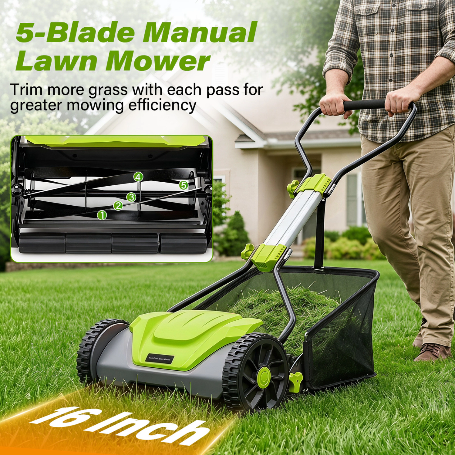 LJG 16 Inch Adjustable Cutting Heights 5-Blade Push Reel Lawn Mower with 8 Gal Removable Grass Catcher Bag