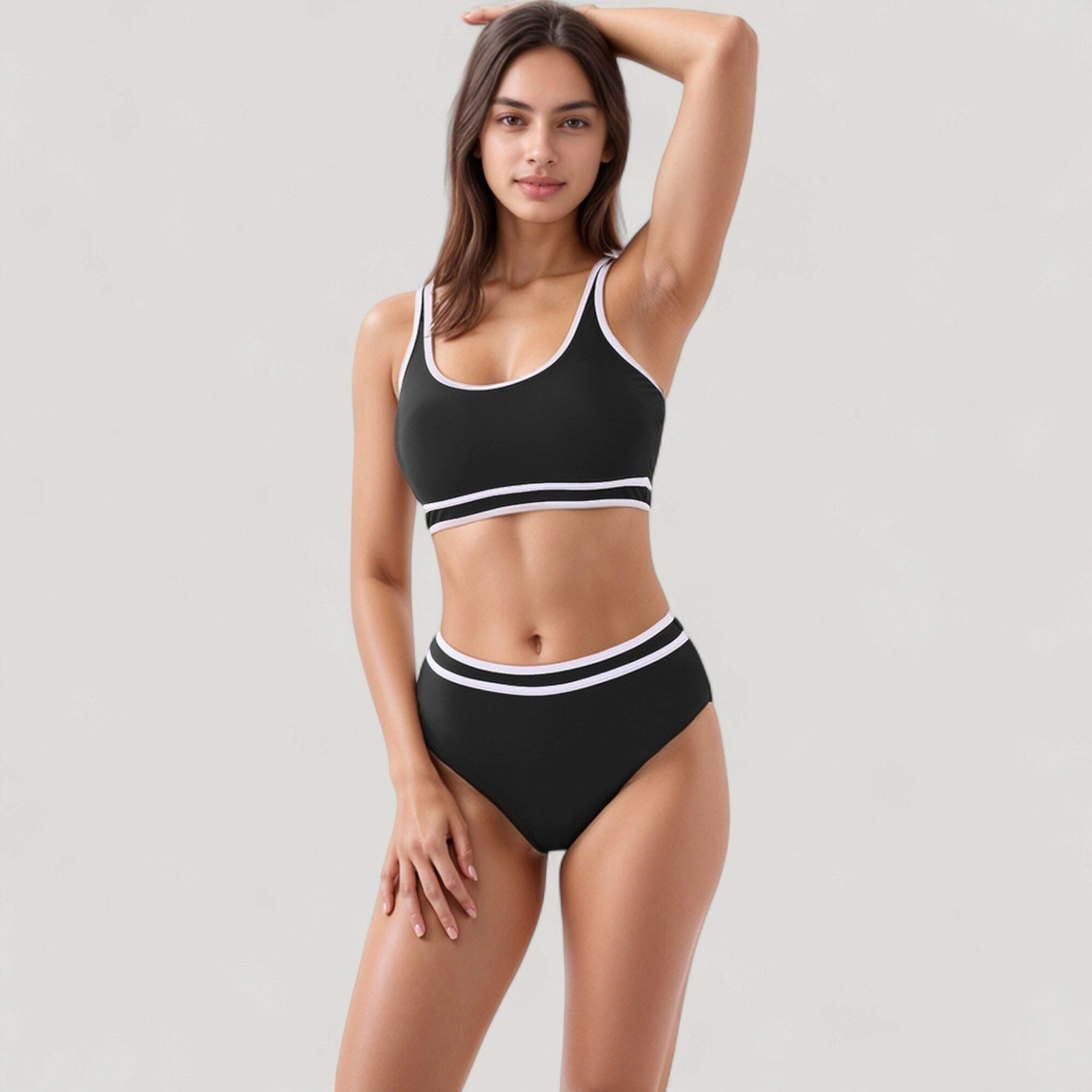 Anna-Kaci Sporty High-Waist Bikini Set, Scoop Neck Crop Top and High-Rise Bottoms