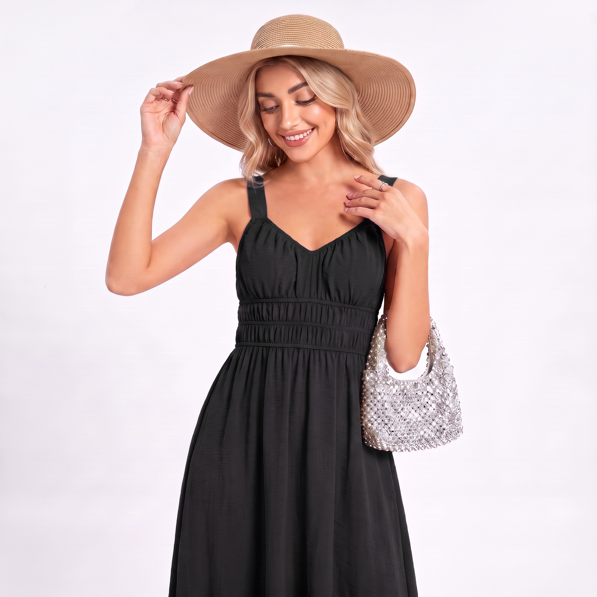 Anna-Kaci Women's Sparkle Spaghetti Strap Smocked Waist Ruffle Hem Midi Slip Dress