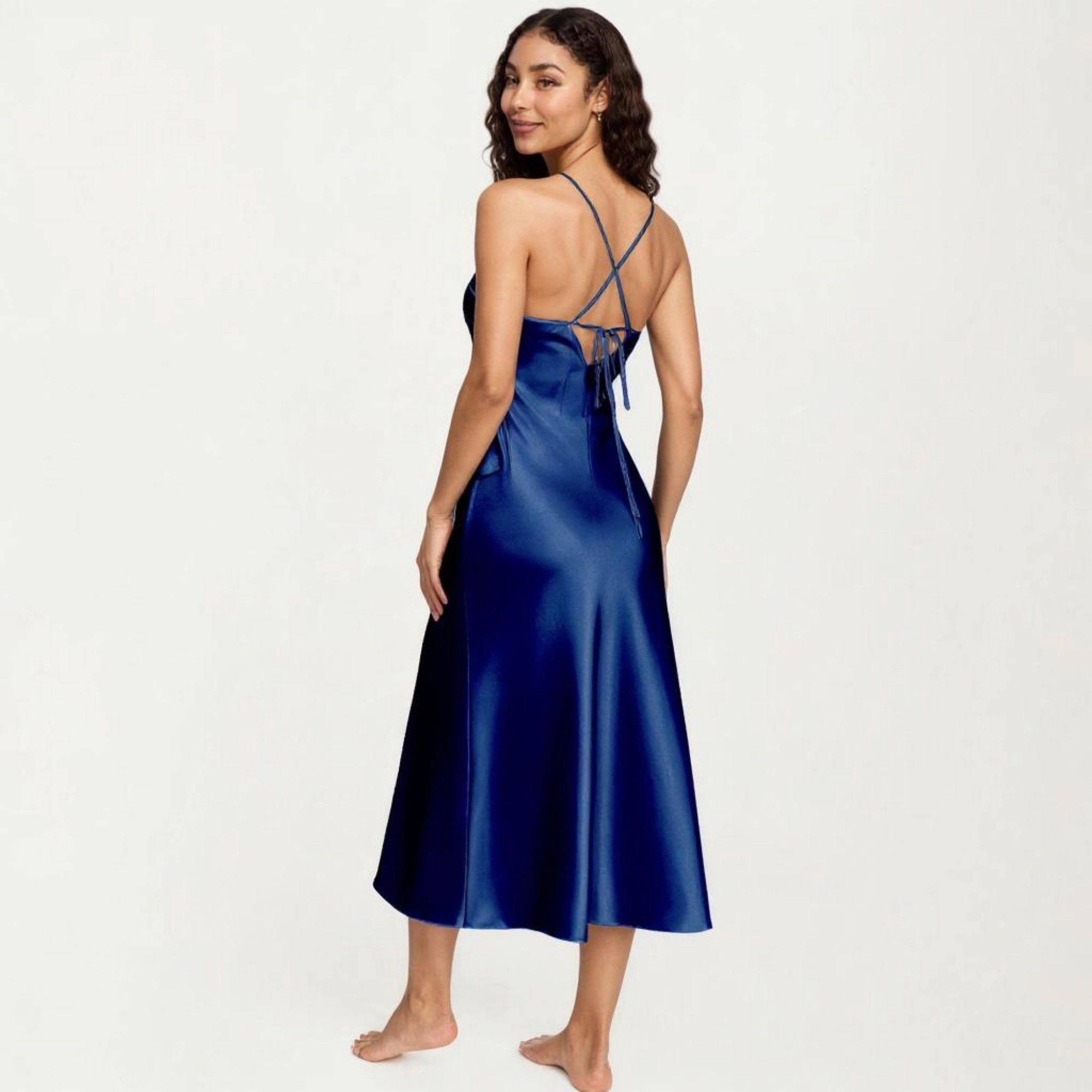 Anna-Kaci Women's Strapless Midi Slip Dress with Floral Appliqué Halter Detail and Sleek Smooth Silhouette